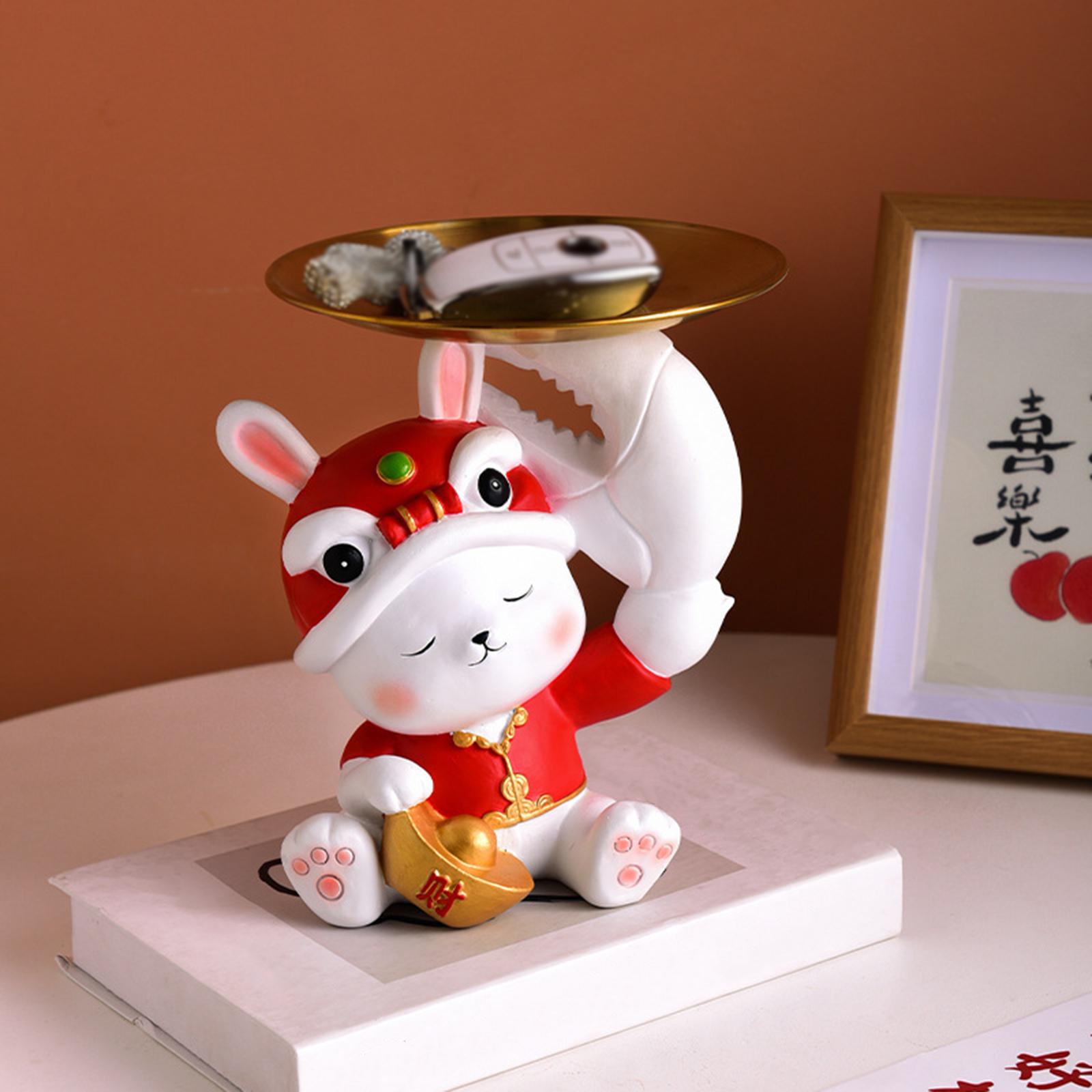 Chinese Style Rabbit Figurine Decorative Sculpture Jewelry Tray Statue