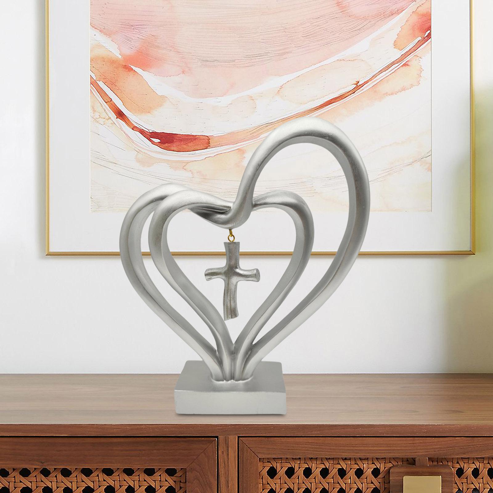 Resin Double Heart Statue Sculpture for Bookshelf or Office Desktop Artistic Argent