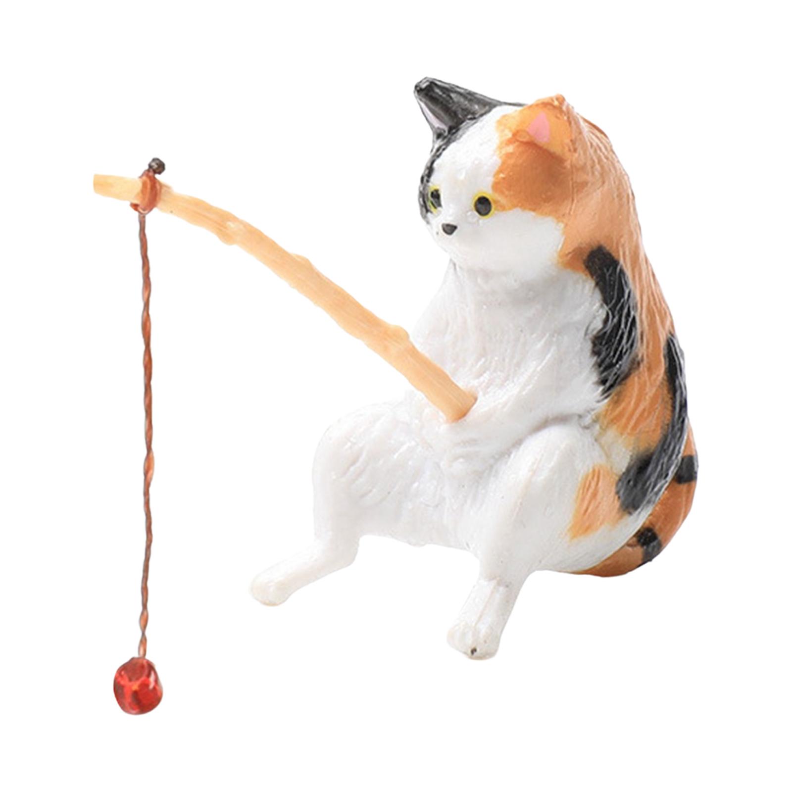 Cat Fishing Figurine Decorative Kitten Fishing Ornament for Garden Black of Orange White
