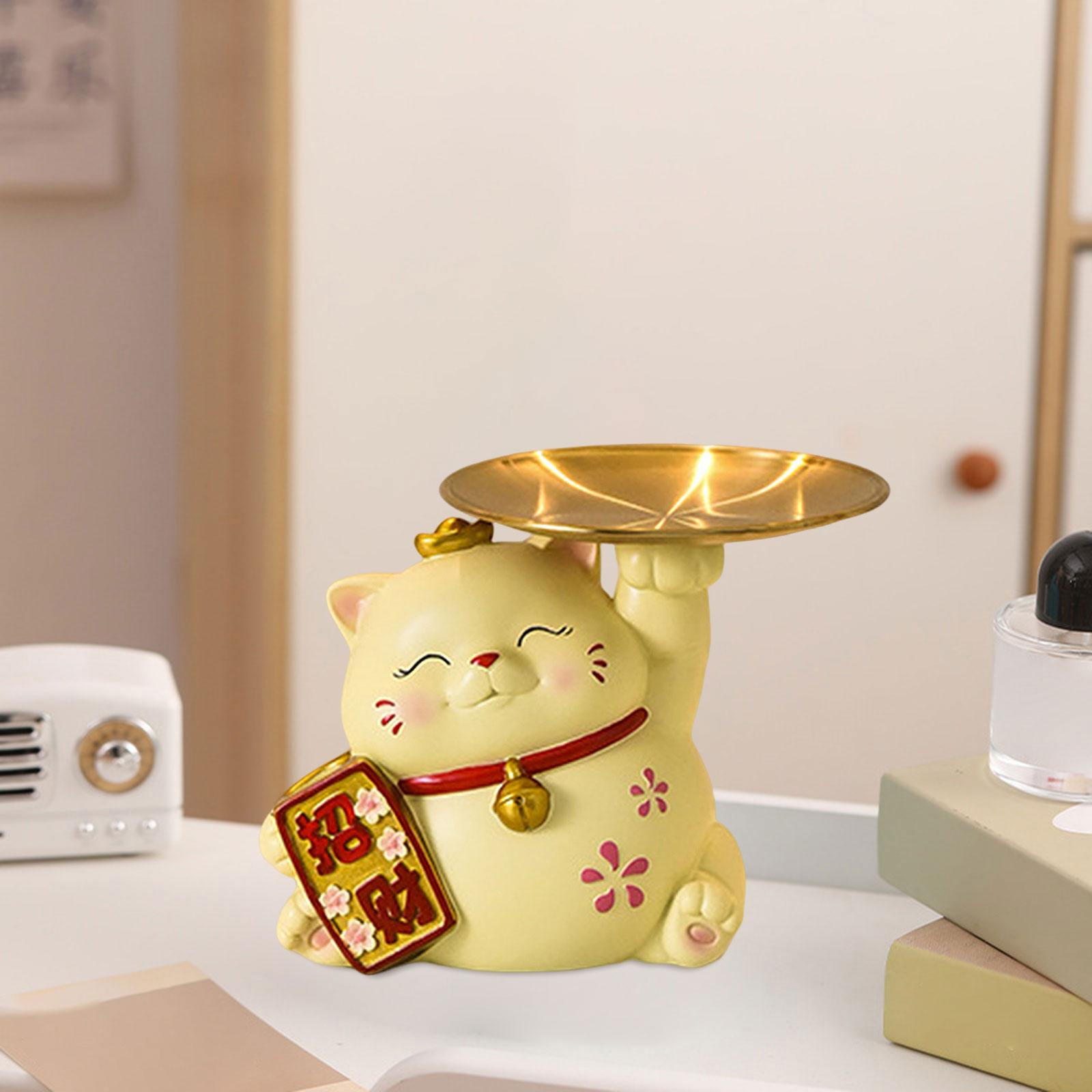 Lucky Cats Statue Home Decoration Keys Holder Sculpture Jewelry Trinket Tray Yellow