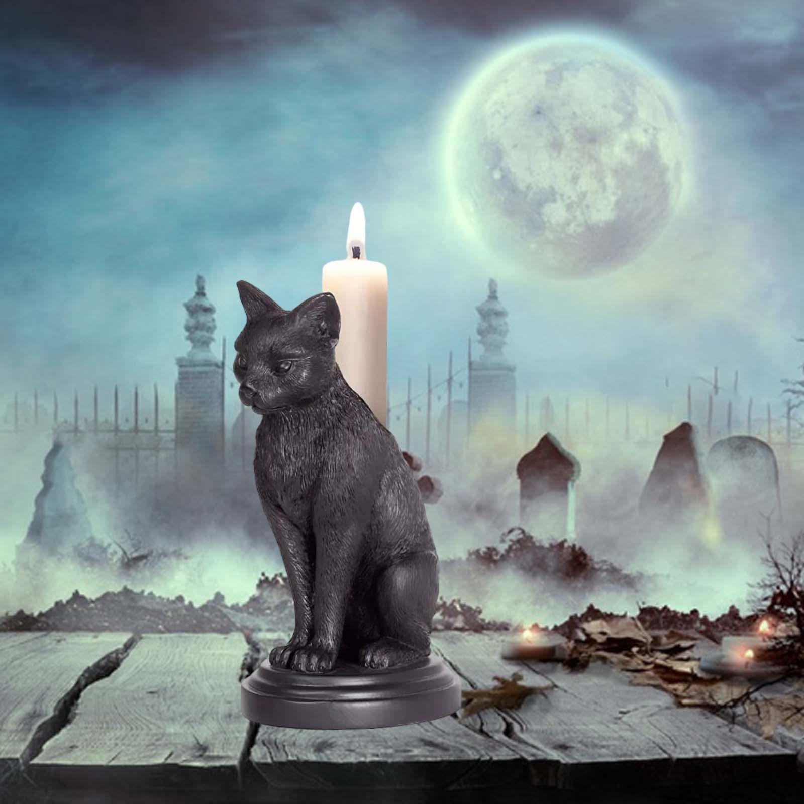 Taper Candle Holder Tabletop Candle Stand Resin Halloween Gothic Candlestick Black Cat