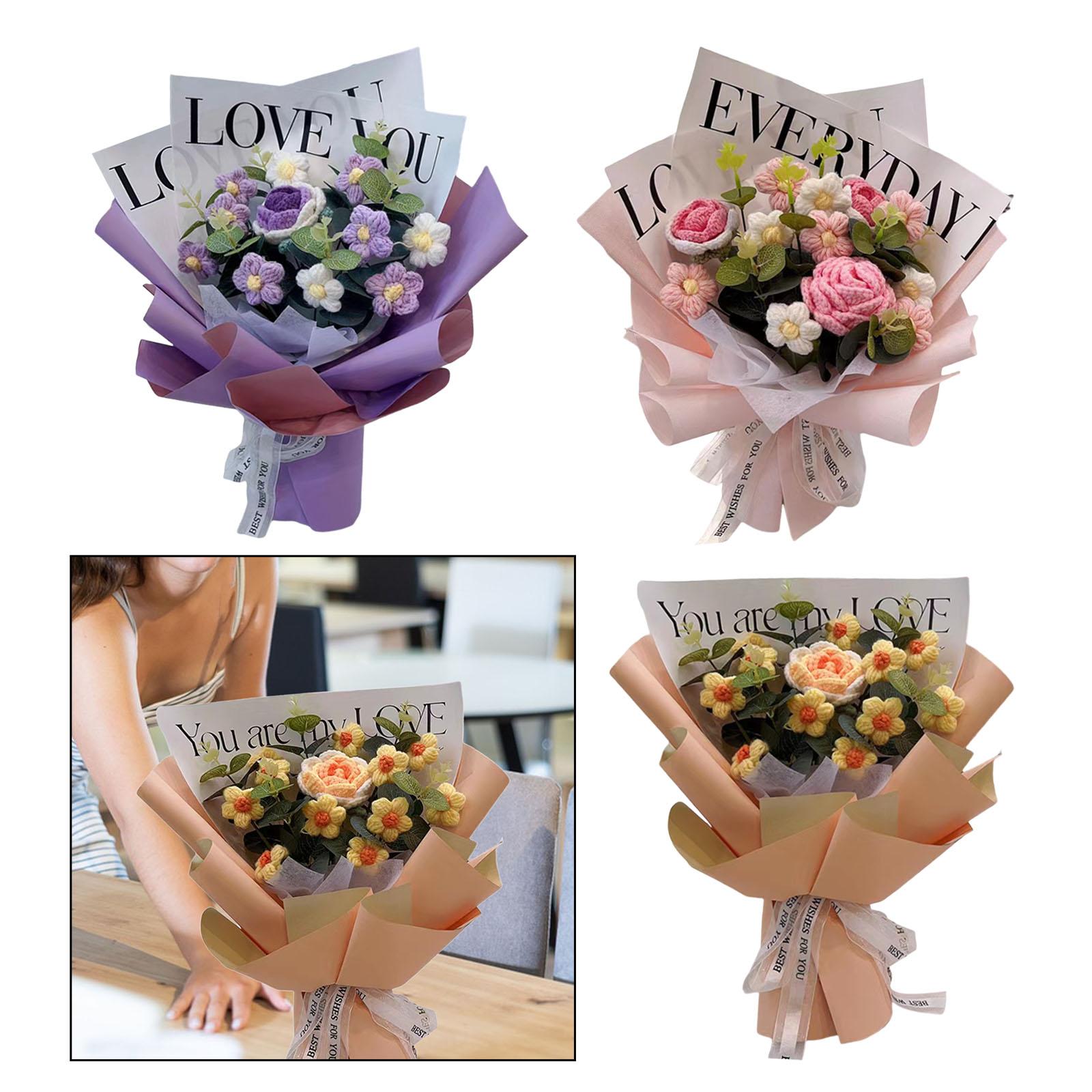 Crochet Flower Bouquet Gifts Artificial Flower for Anniversary Wedding Party Purple