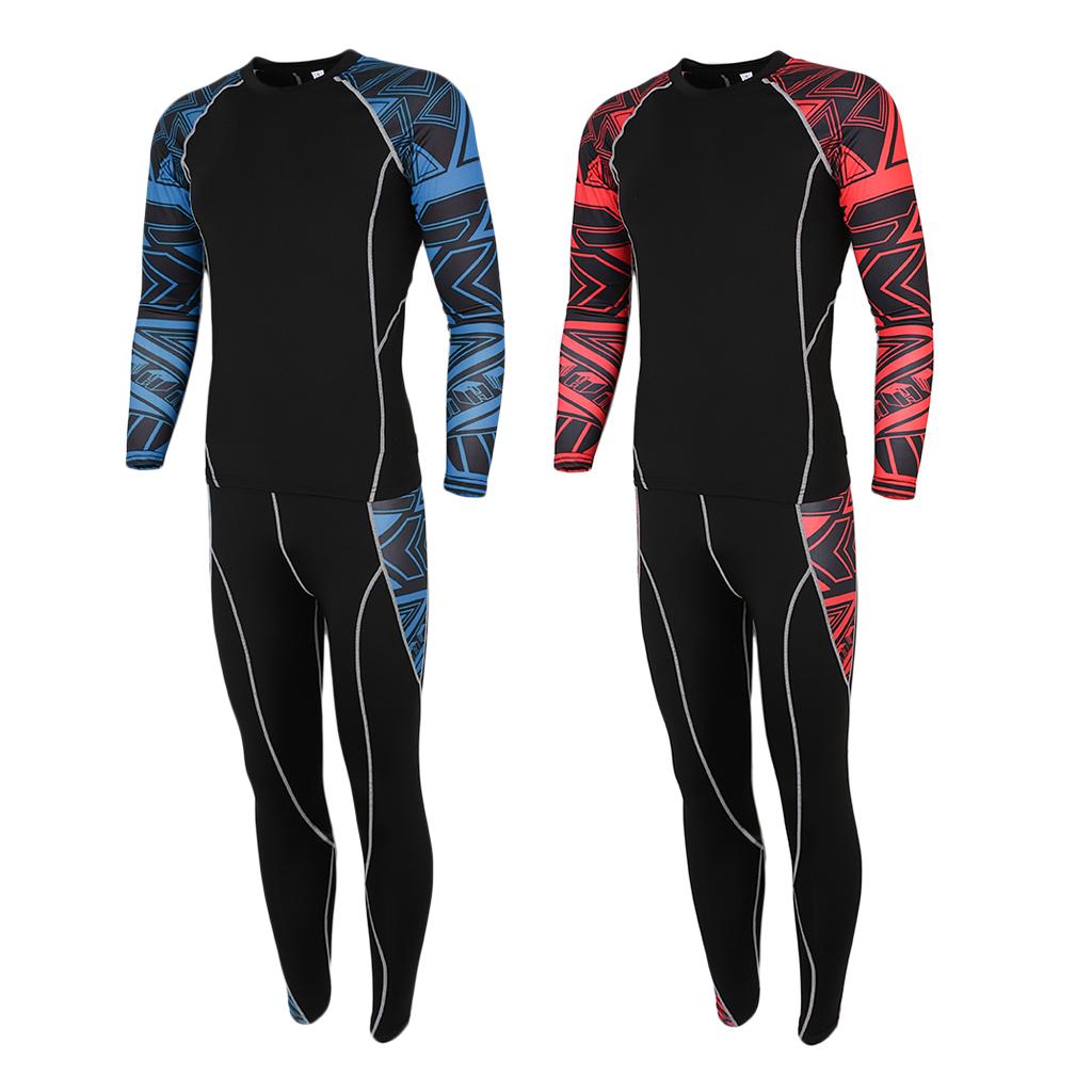 Men's Long Sleeve Compression Sports Top T-Shirts and Pants M Black Red 