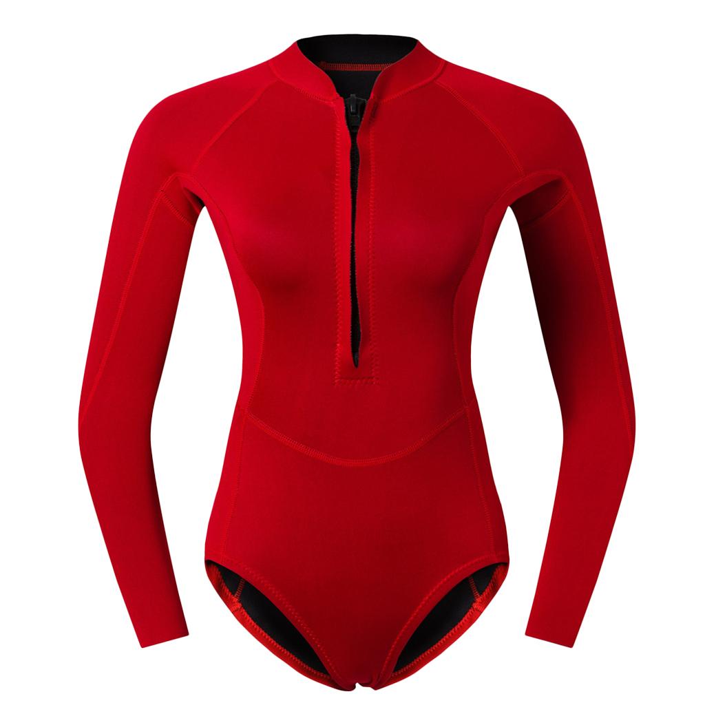 Women Neoprene Sleeve Wetsuit Front Zip Diving Bikini Suit Red      S