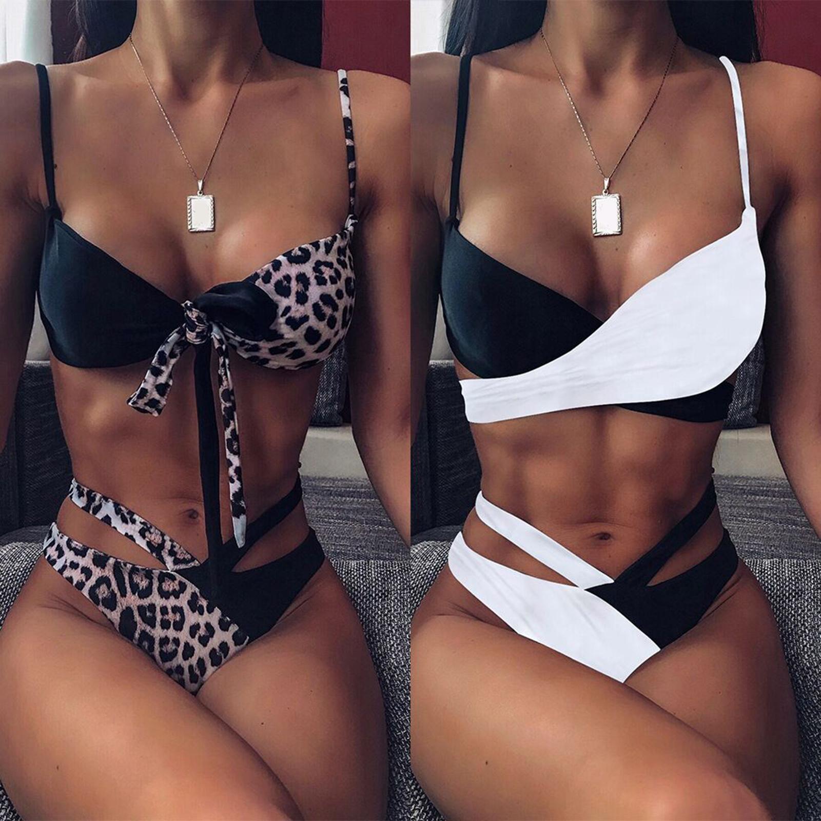 Womens Bikini Leopard Print Backless Swimsuit Female Push Cup Bra Black L