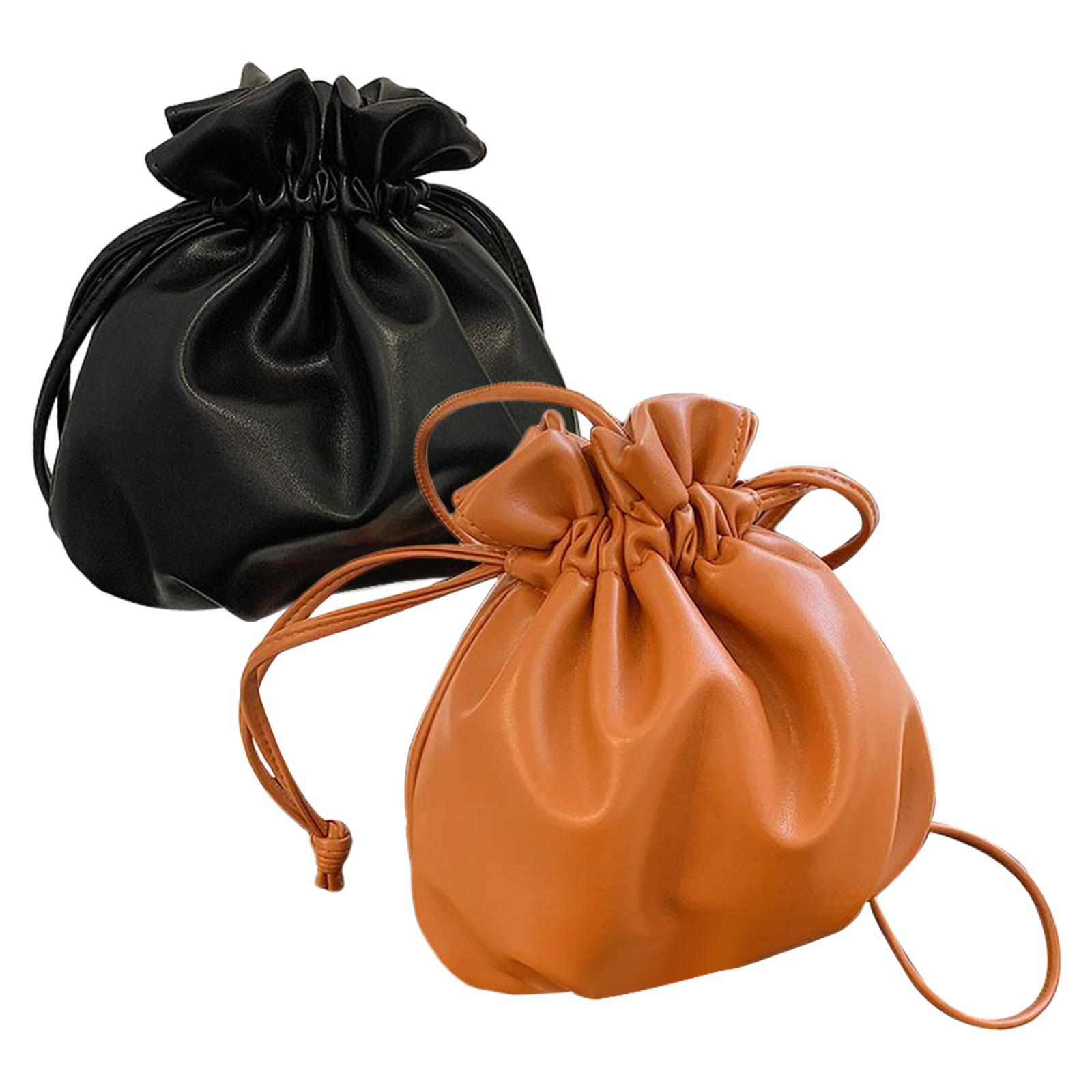 Drawstring Pouch Bucket Bags PU Leather for Cosmetic Accessories Travel Black