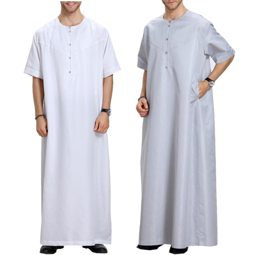 Men's Muslim Arab Islamic Solid Short Sleeve Thobe Thawb Caftan  M White