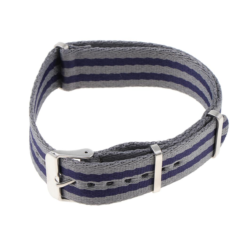 Durable Nylon Watch Band Stainless Steel Buckle Stripe 20mm Gray Blue