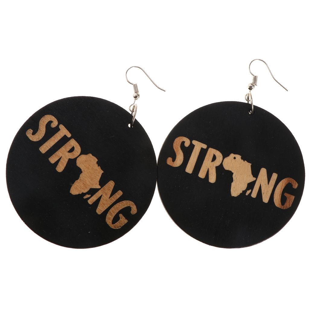 Vintage Black Wood Ethnic Lettering Tribal Dangle Earring STRNG