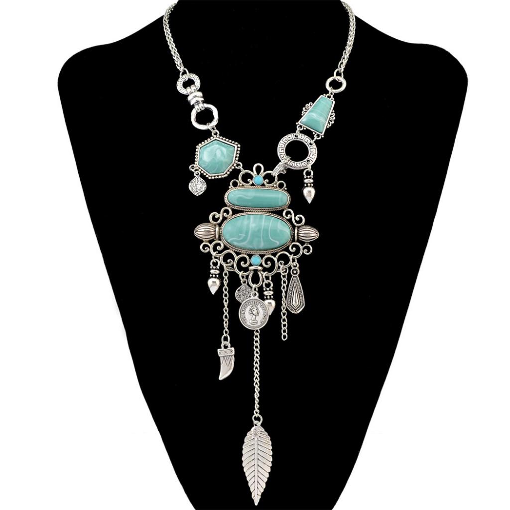 Ethnic Jewelry Turquoise Tassel Choker Bohemian Statement Necklace Silver