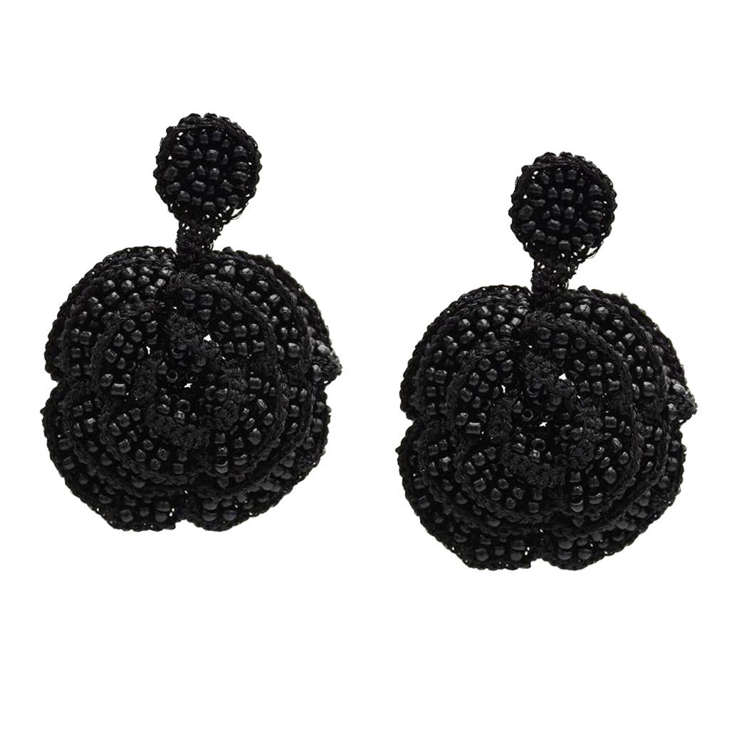 Exaggerated Rose Flower Dangle Earrings Beads Exquisite Studs Jewelry Black