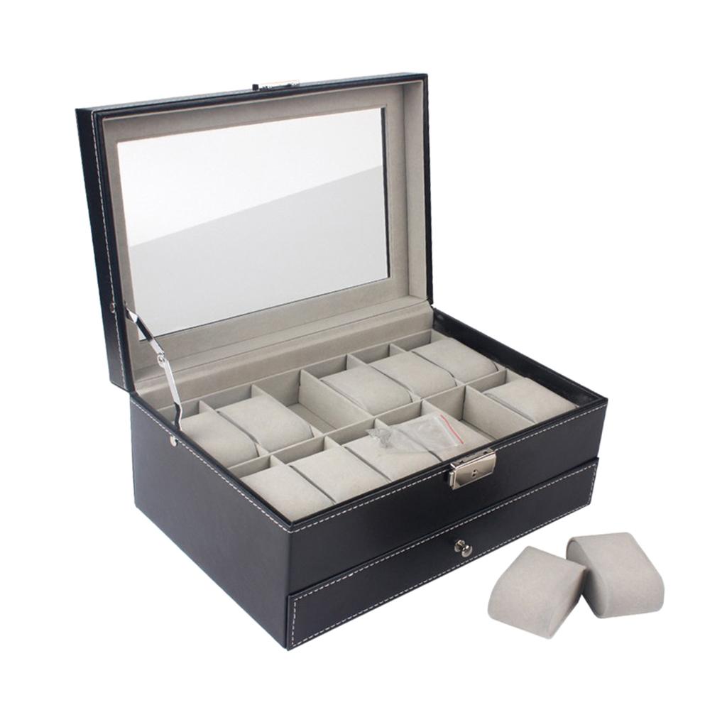 Leather 12 Slot Watch Box Glass Top Watch Jewelry Display Case Organizer