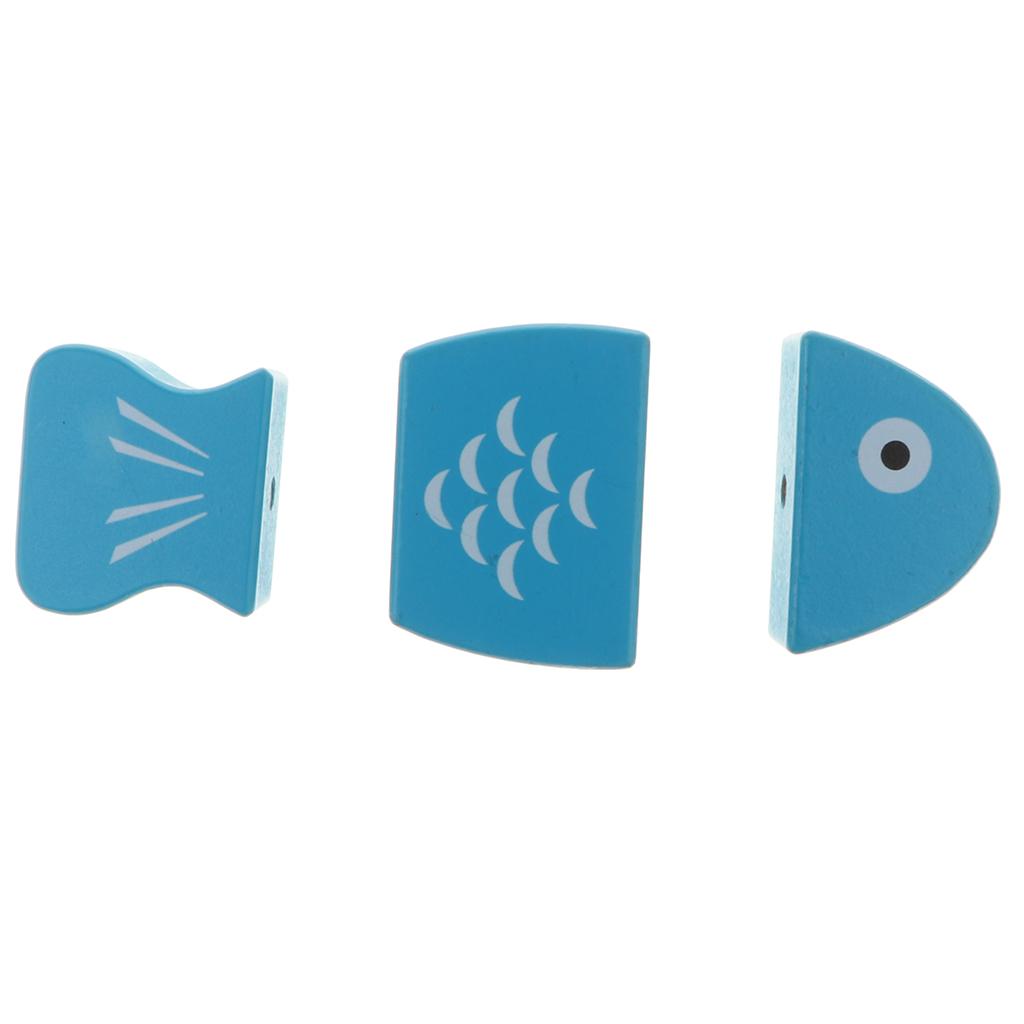  Magnetic Connected Wooden Cutting Food Set Pretend Play Toy  Blue Fish