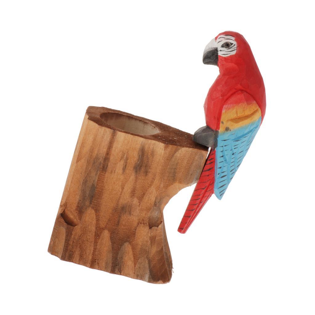 Creative Solid Wood Carving Animal Pen Holder Collection Gift Red Parrot