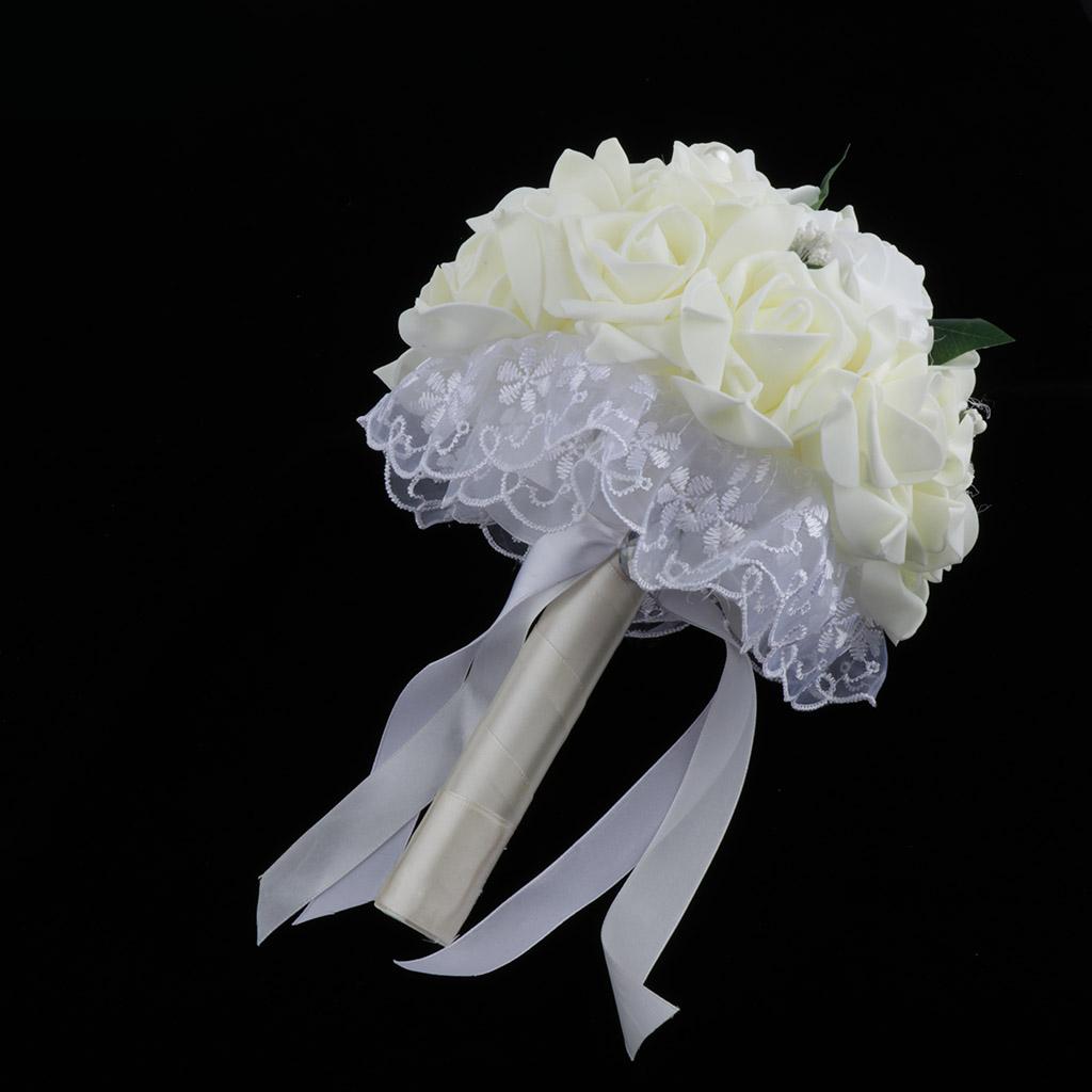 Artificial Bridal Bouquet Bride Bridesmaid Flower Bouquet with Pearls White