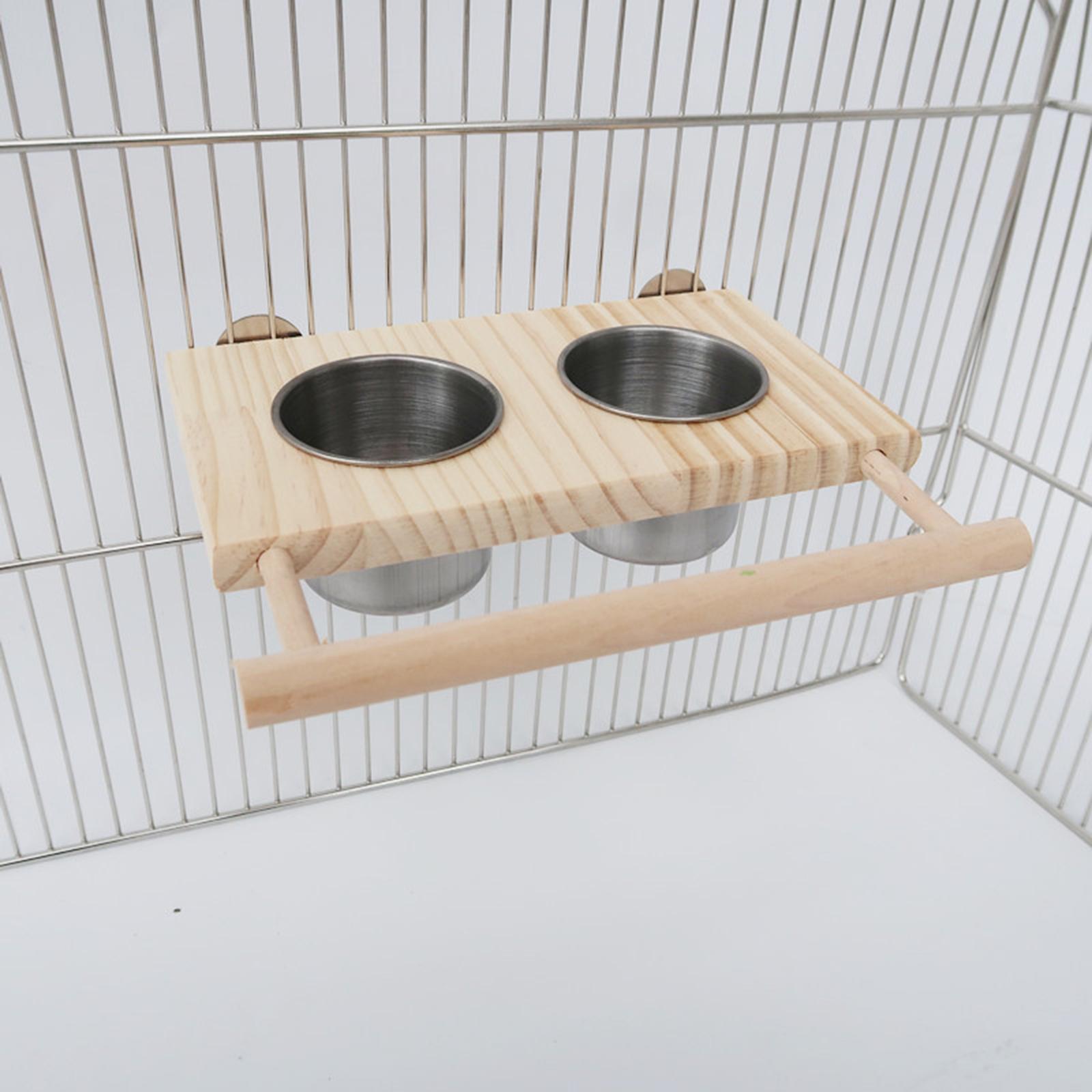 Bird Feeding Dish Cups Parrot Food Bowl Wood Perch Stand Clamp Holder