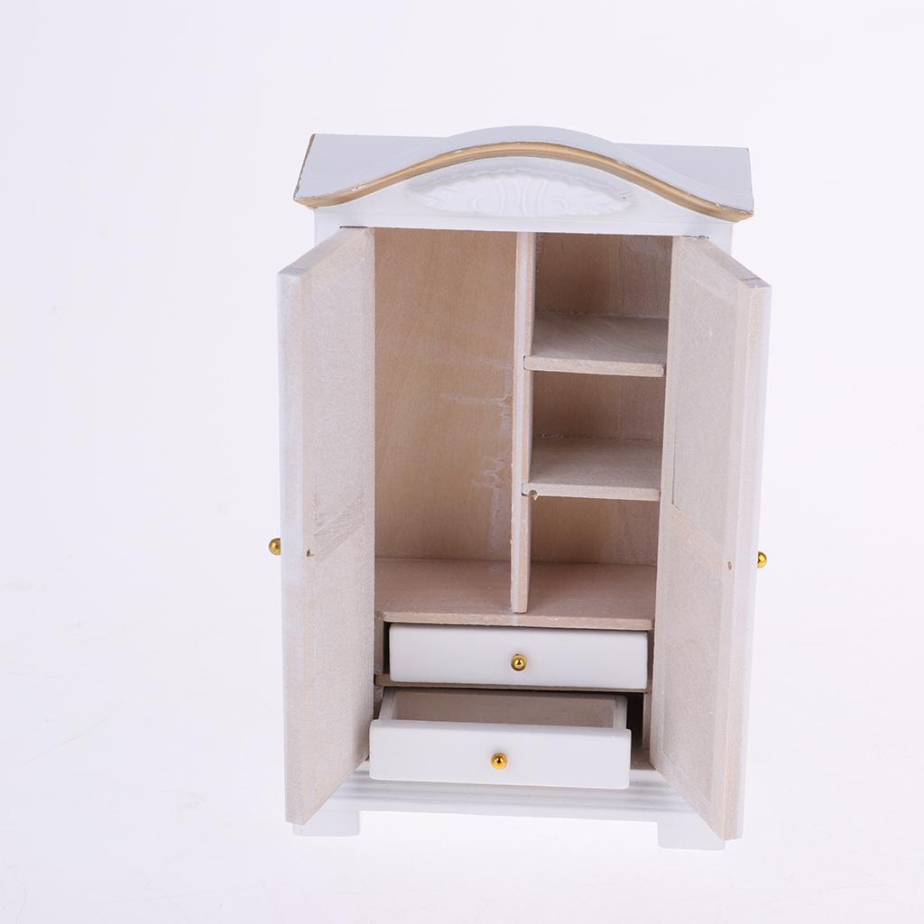 Contemporary style 1/12 Dolls House Miniature Furniture Bedroom Floral Bed White Wardrobe Chair Bedside Table Set Kids Pretend Play Toy