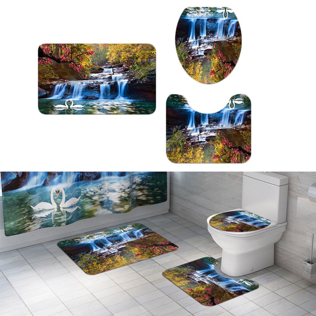 3 Pcs Bathroom Landscape Pattern Toilet Lid Cover Pedestal Mat Autumn Senery