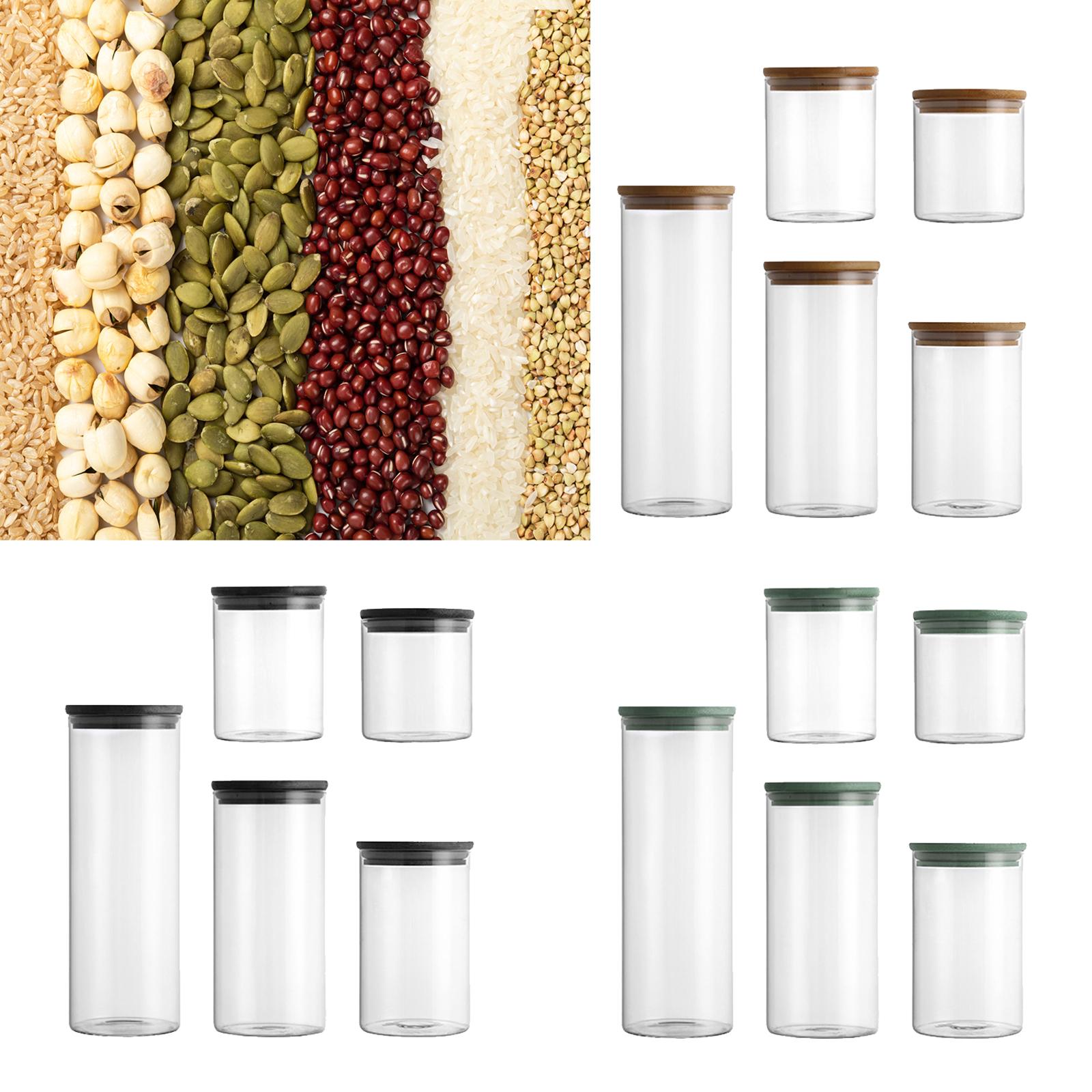 5x Food Storage Canisters Organizer Glass Storage Jar for Candy Spice Grains wooden cap