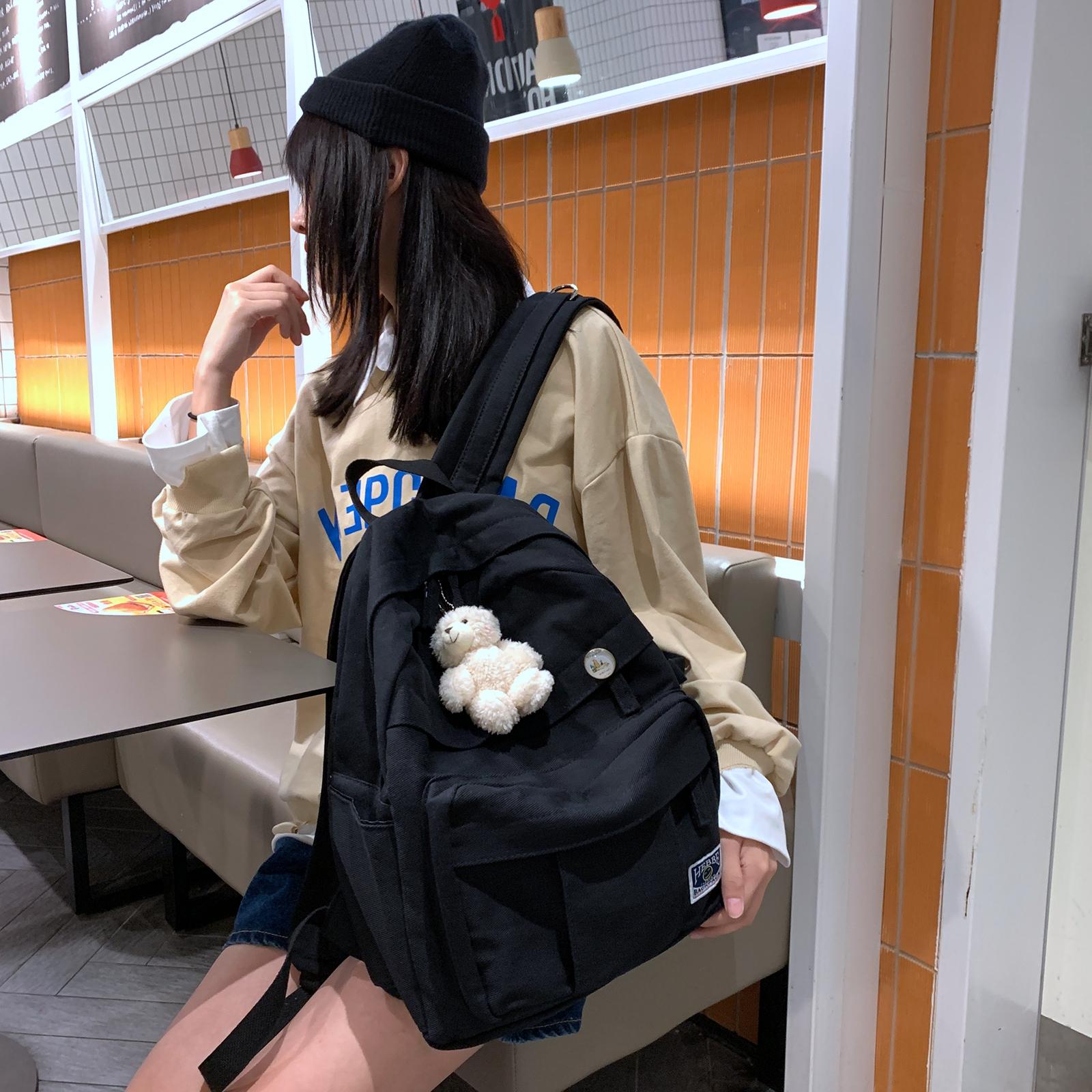 Canvas Schoolbag Girls Large Capacity High School Student Backpack Black