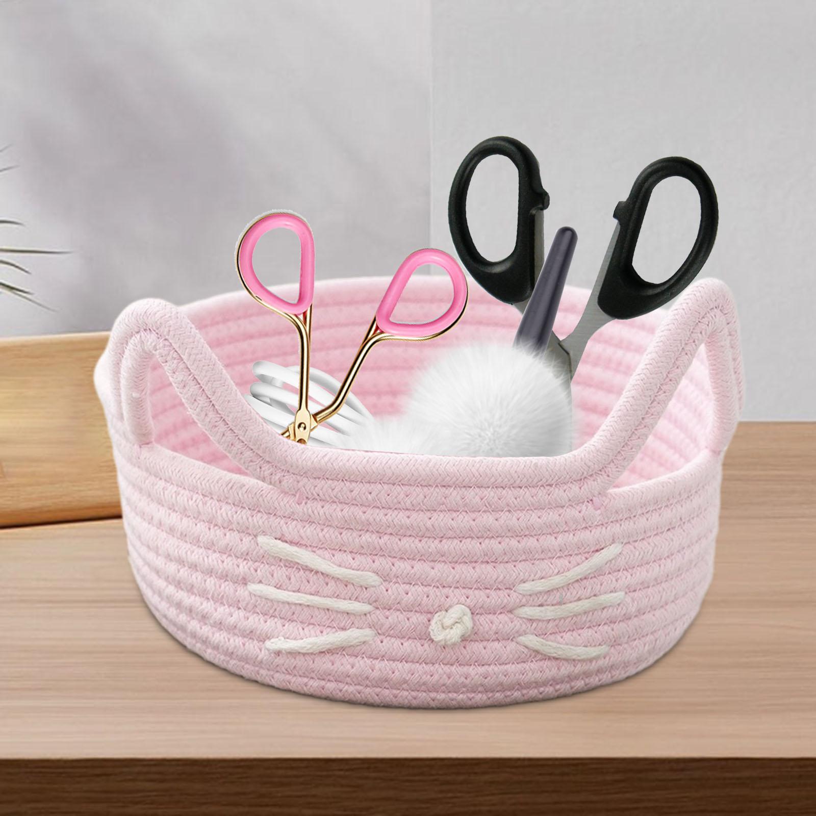 Cartoon Cat Cotton Rope Basket Lightweight for Hotel Drawing Room Restaurant Pink