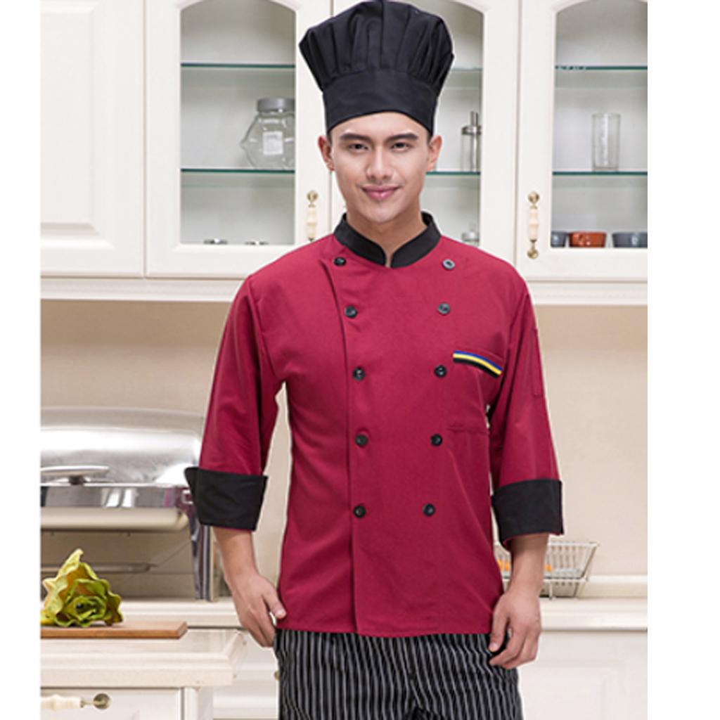 Zweireihiger Kochanzug Langarm Kleidung Chef Uniform Mantel Rot 