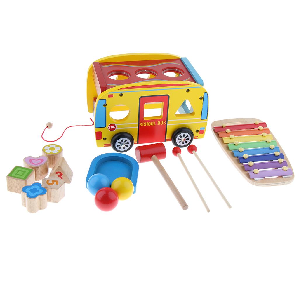 Kids Wooden Educational Set with Slide Out Xylophone Shape Matching Blocks 