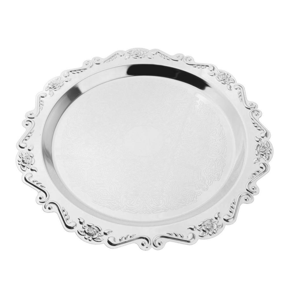 Silver Round Metal Fruit Dish Pastry Plate Tea Dessert Serving Tray 30cm