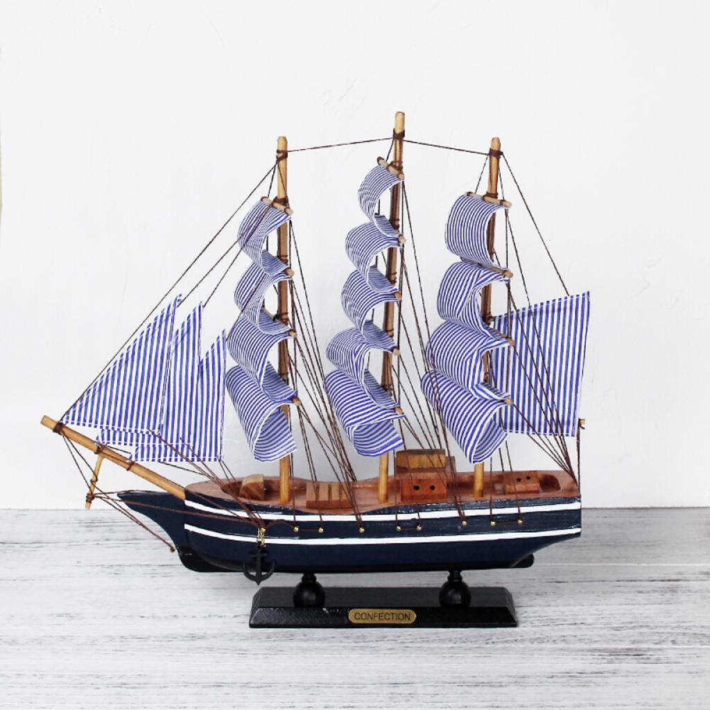 Wooden Sailing Ship Model Vintage Sailboat Nautical Decor for Tabletop 31cm blue