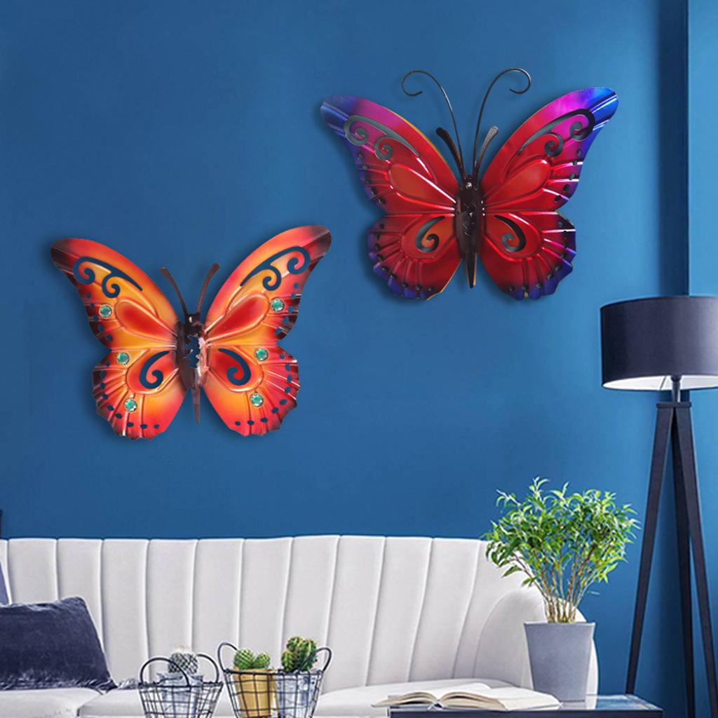 2Pcs/ Set Metal Butterfly Wall Art Hanging Decor for Garden Yard Red+Purple