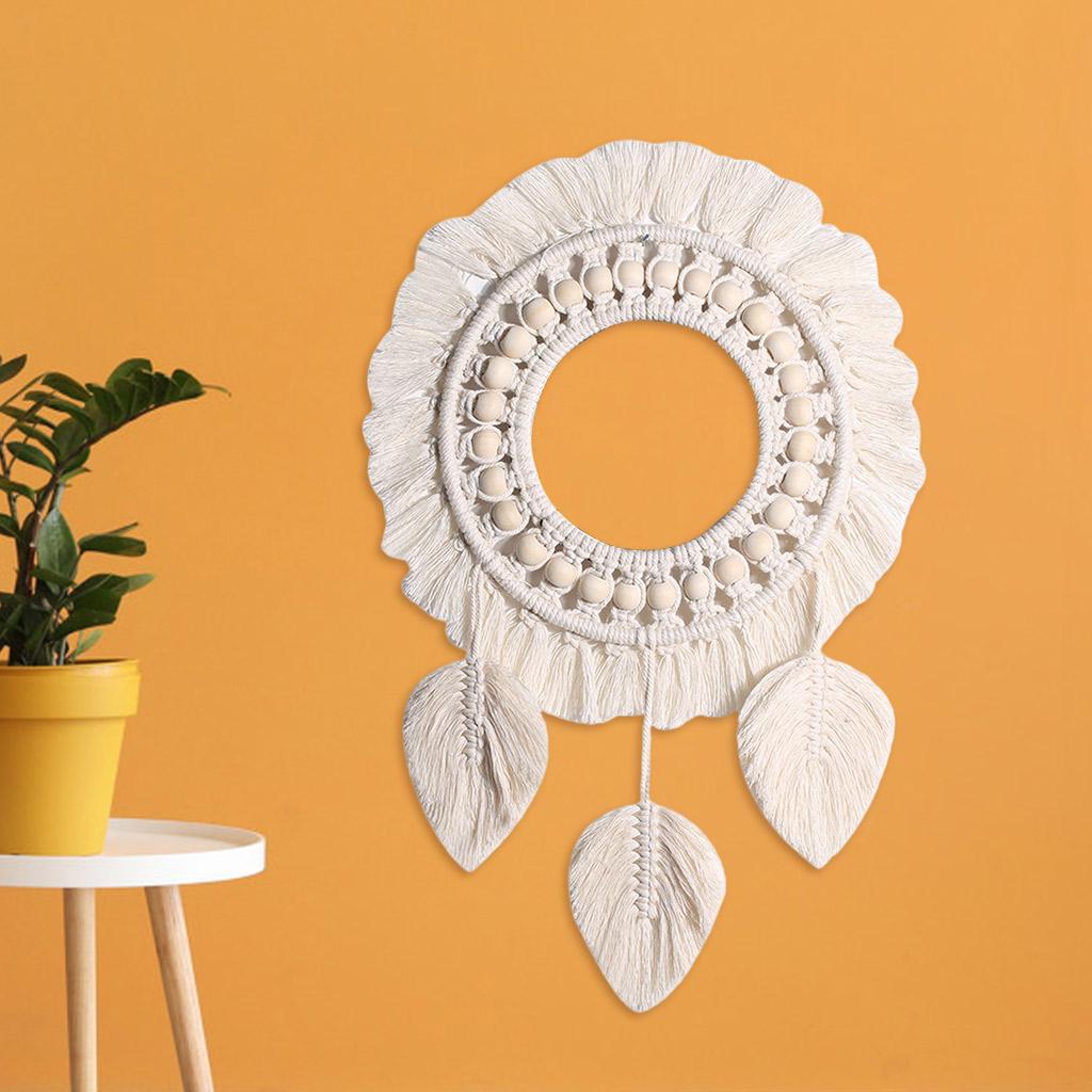 Round Macrame Wall Mirror Hanging Home Living Room Bedroom Hallway Leaves