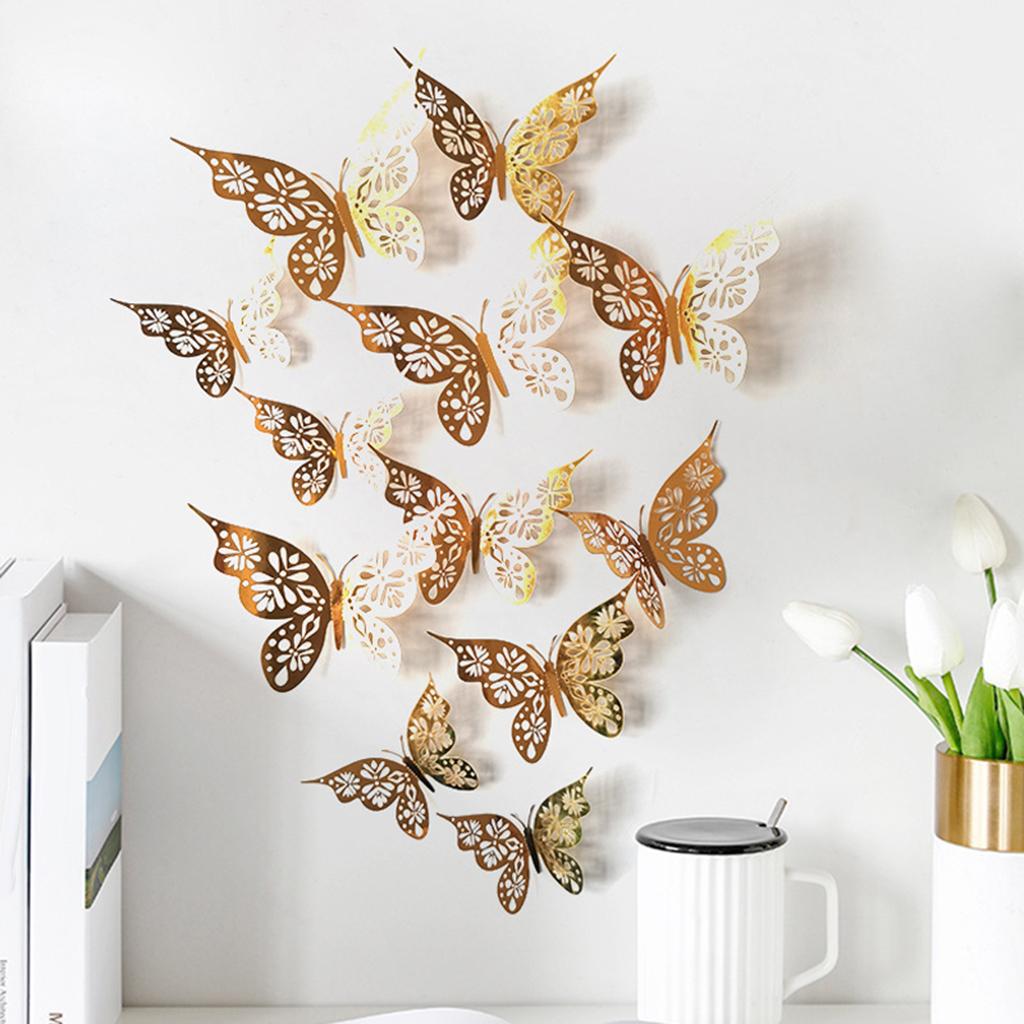 12Pcs Butterfly Wall Stickers Murals for Bedroom Bathroom Accent Gold