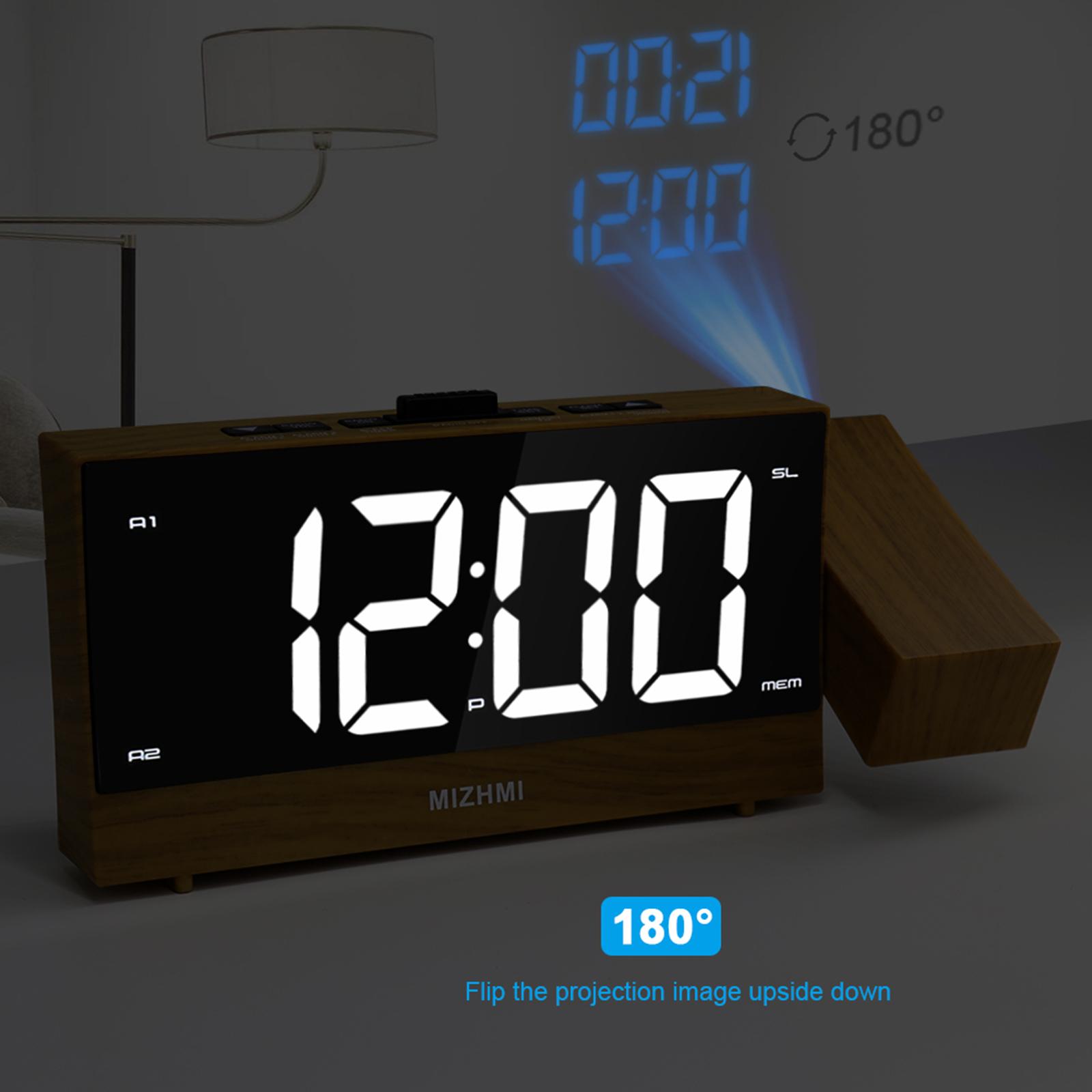 LED Alarm Clock Radio Timed Off Projection Dual Alarms Home Desktop FM Radio Wood Color