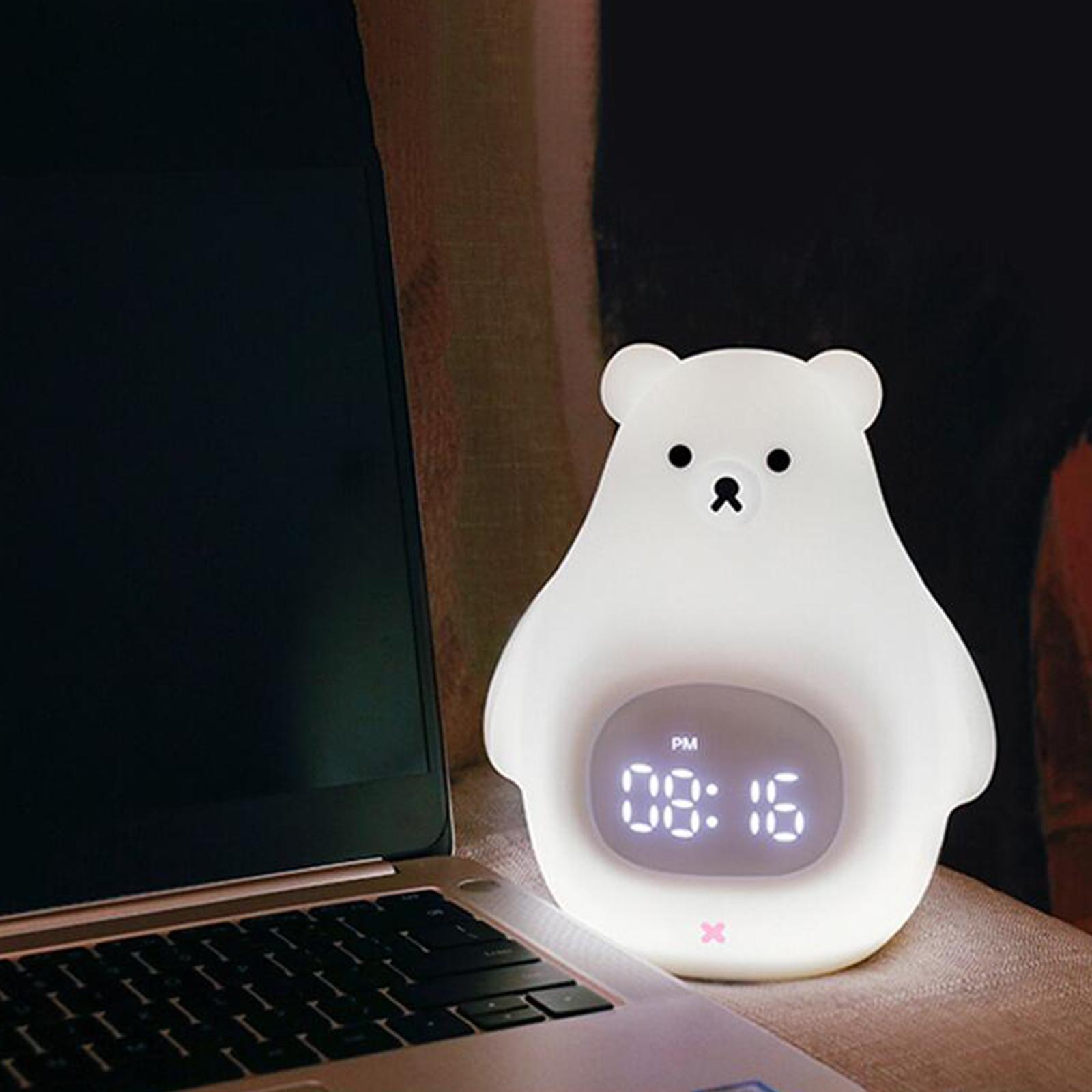 Rechargeable Kids Alarm Clock Silicone Bear Night Light Cool White Light