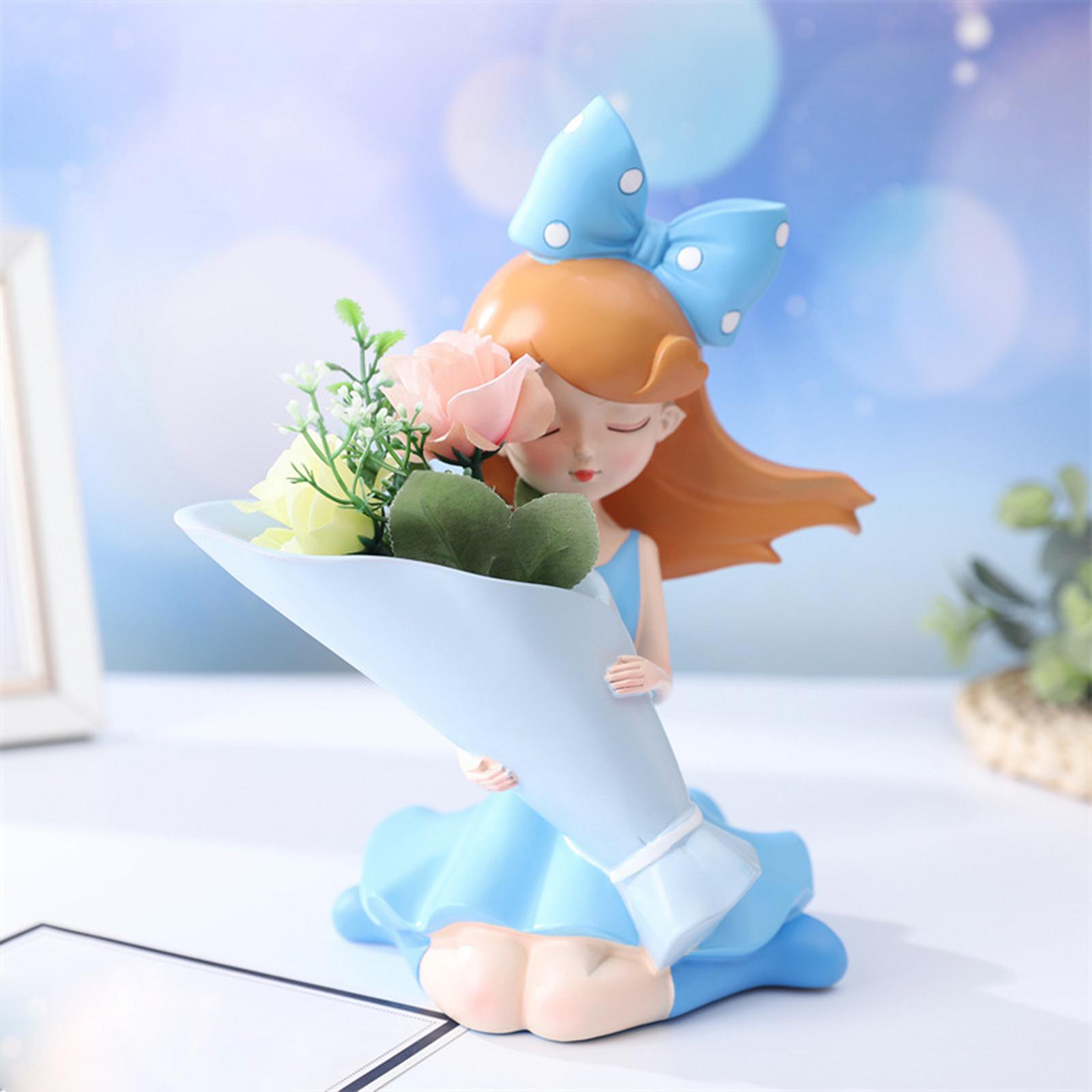 Girl Resin Statue Figurines Flower Vase Holder Planter Flowerpot Blue