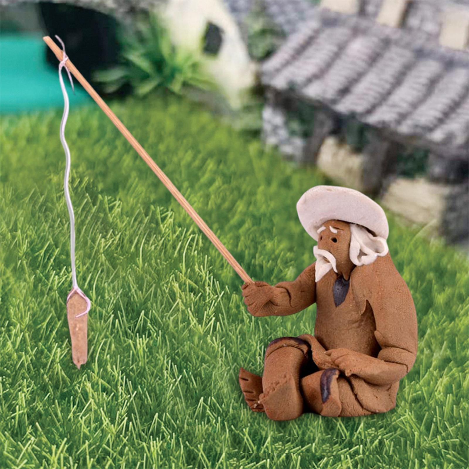 Miniature Fisherman Figurine Ceramic Sculpture for Bonsai Aquarium Brown L