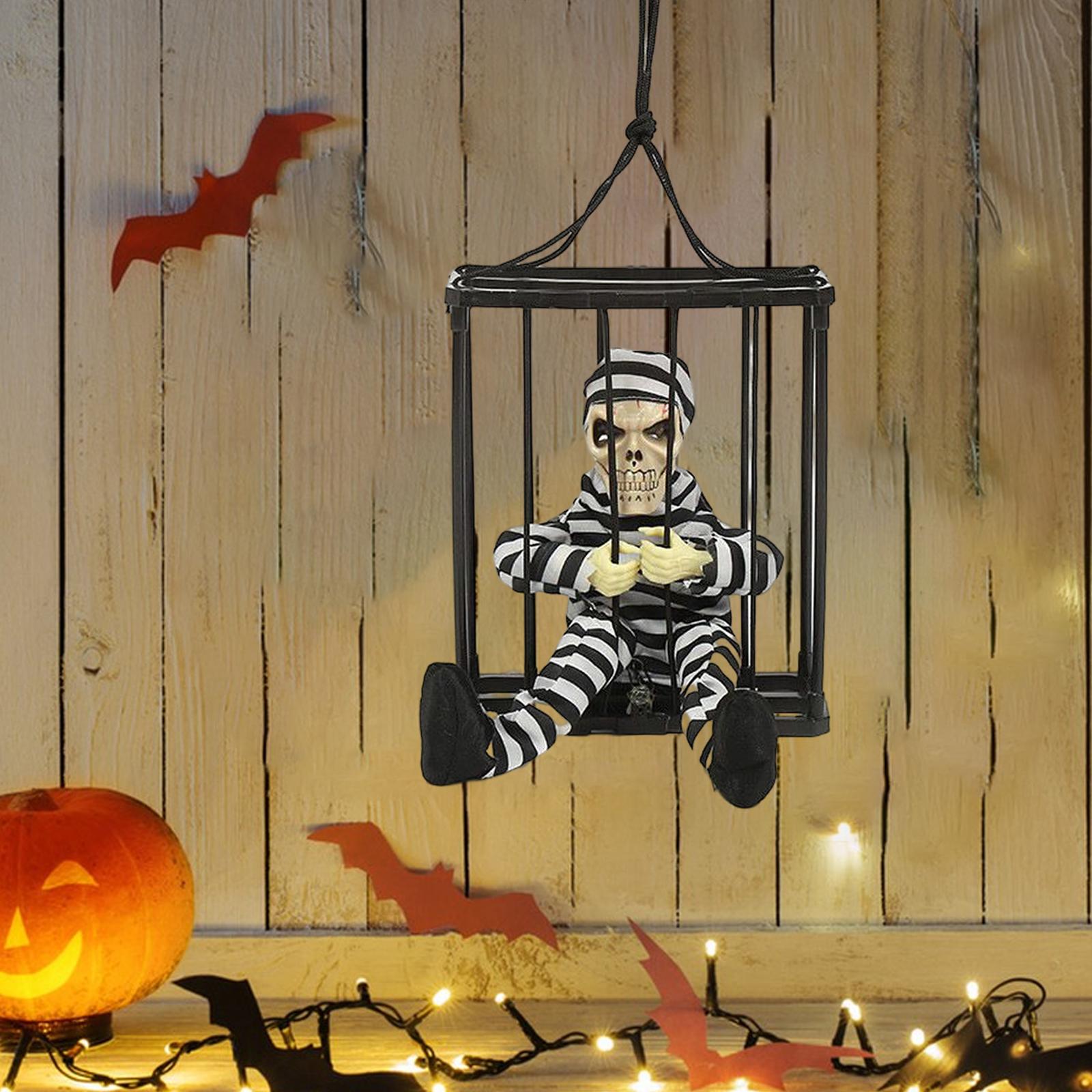 Screaming Animated Decorations Halloween Scary Talking Skull Cage Prisoner Hooded Cage Specter