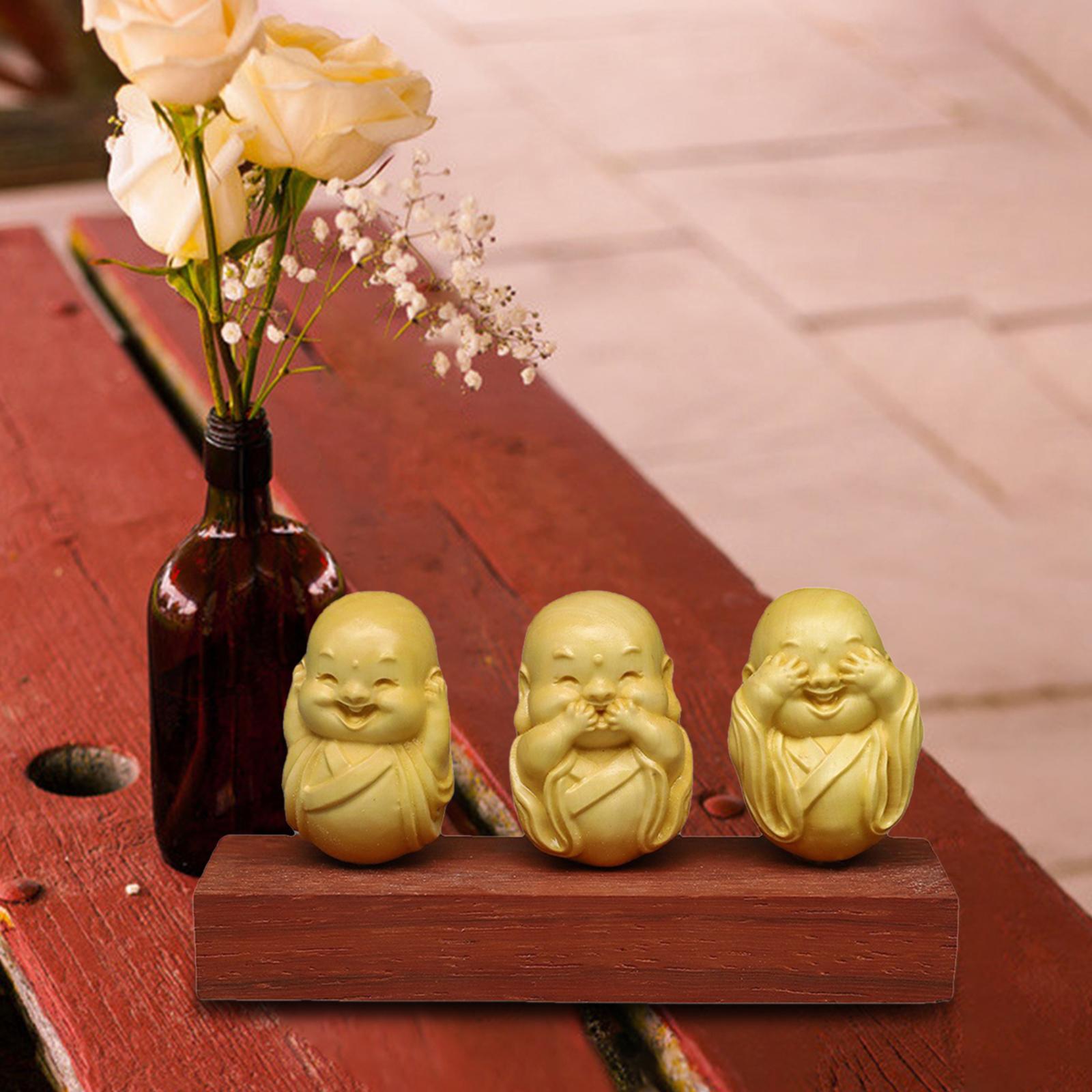 Adorable 3 Buddha Monks Statues Boxwood for Desktop Decoration Sculptures