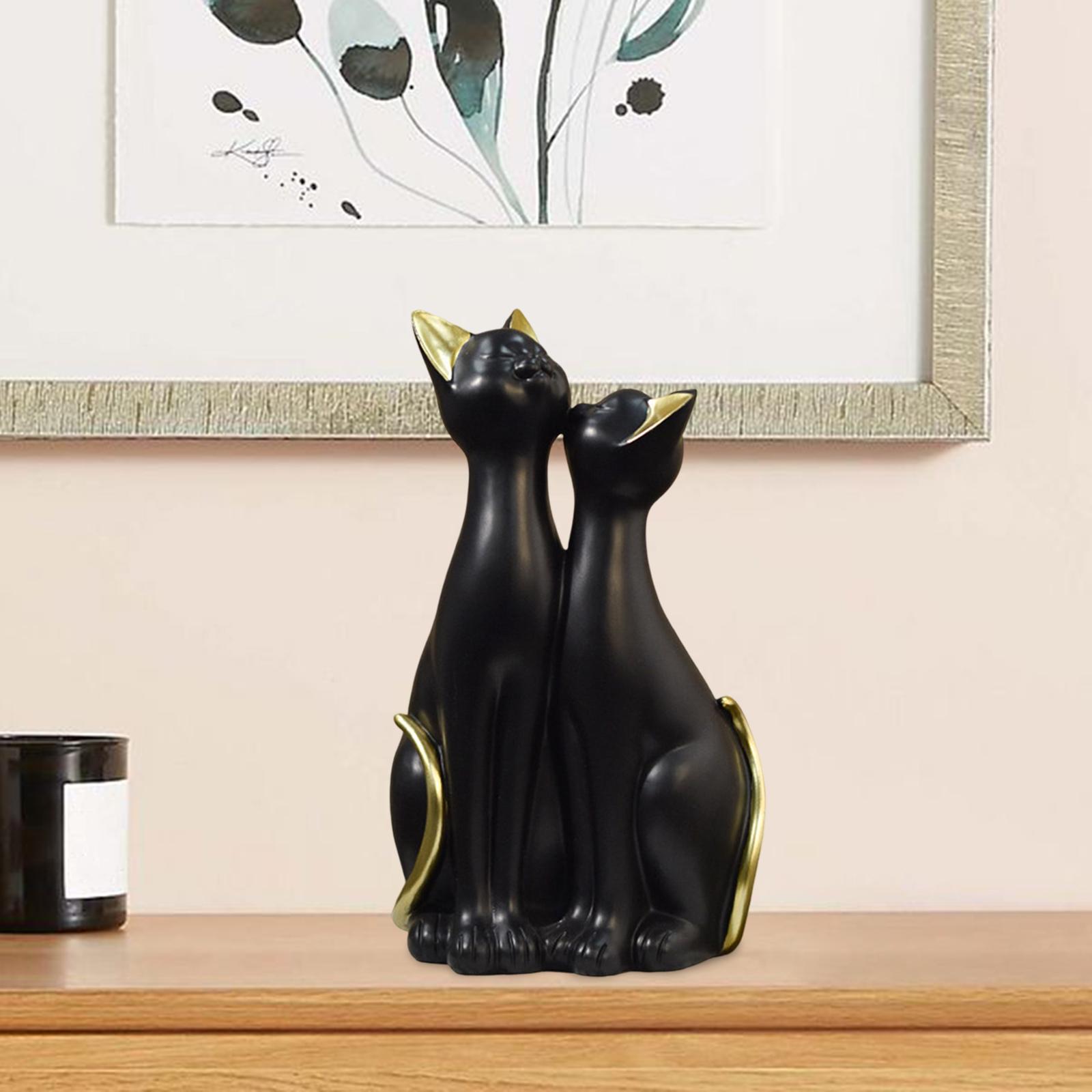 Couple Cat Statues Animals Sculpture Desktop Kitty Figures Resin Figurines Black