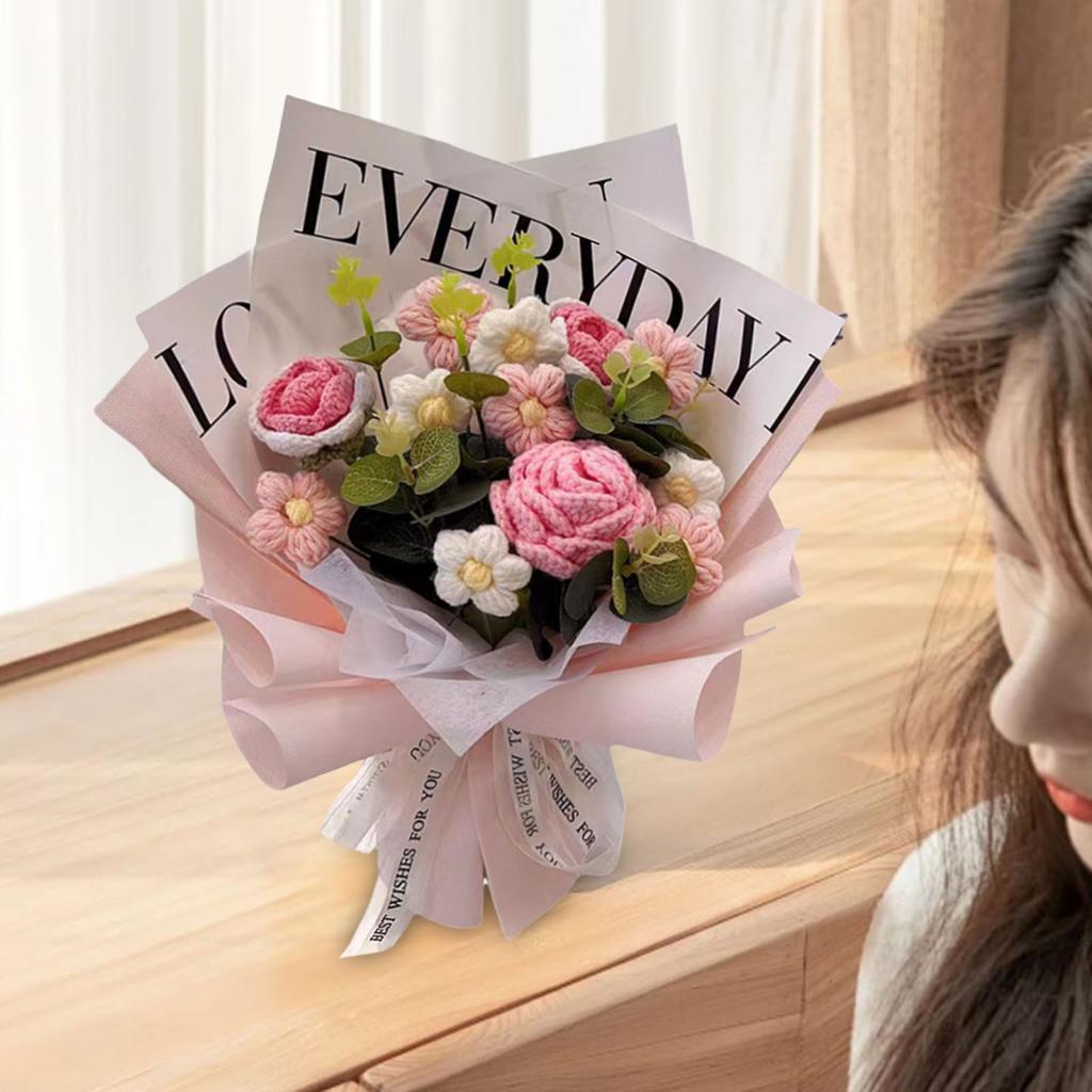 Crochet Flower Bouquet Gifts Artificial Flower for Anniversary Wedding Party Pink