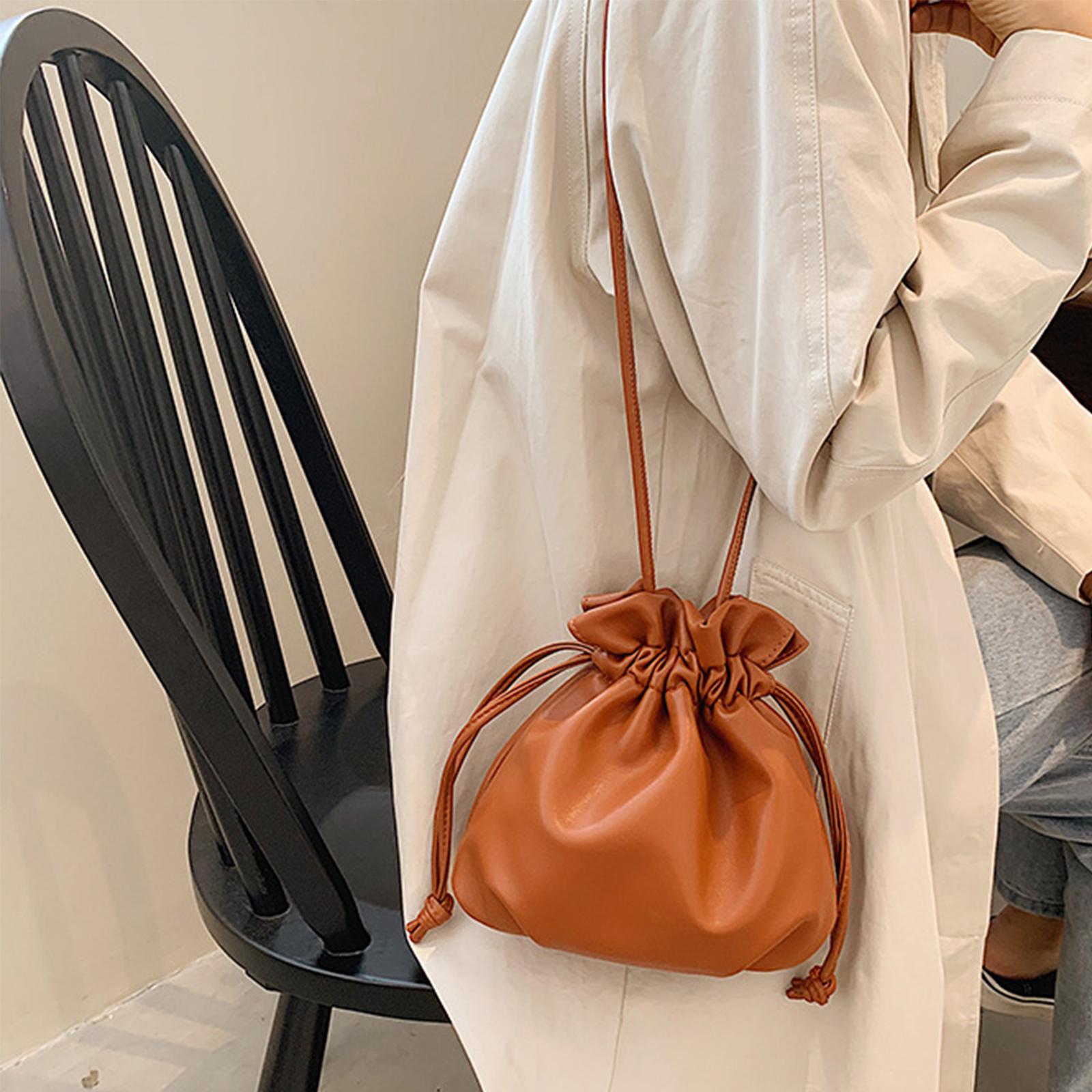 Drawstring Pouch Bucket Bags PU Leather for Cosmetic Accessories Travel Brown