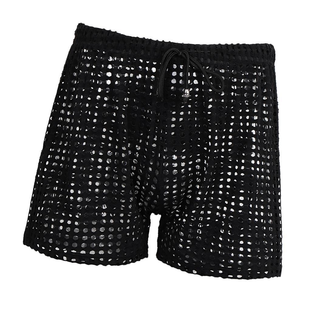 Men's Drawstring Fishnet Underwear Hollow Out Sheer Mesh Beach Shorts ...
