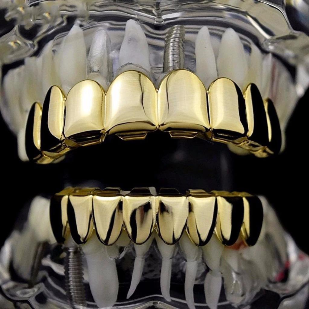 Grills 18k Gold Plated Eight 8 Top Teeth & Bottom Tooth Plain Hip Hop