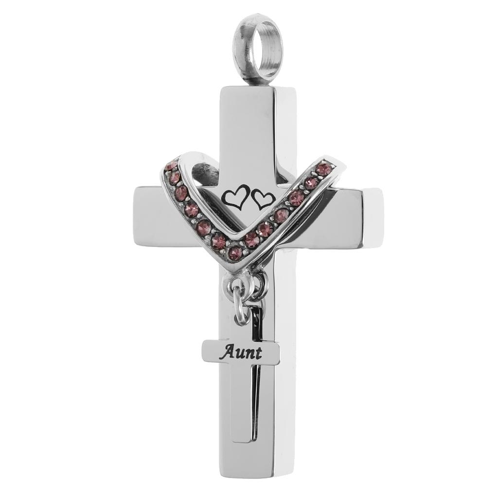 Double Cross with Crystal Stainless Steel Cremation Family Keepsake Aunt