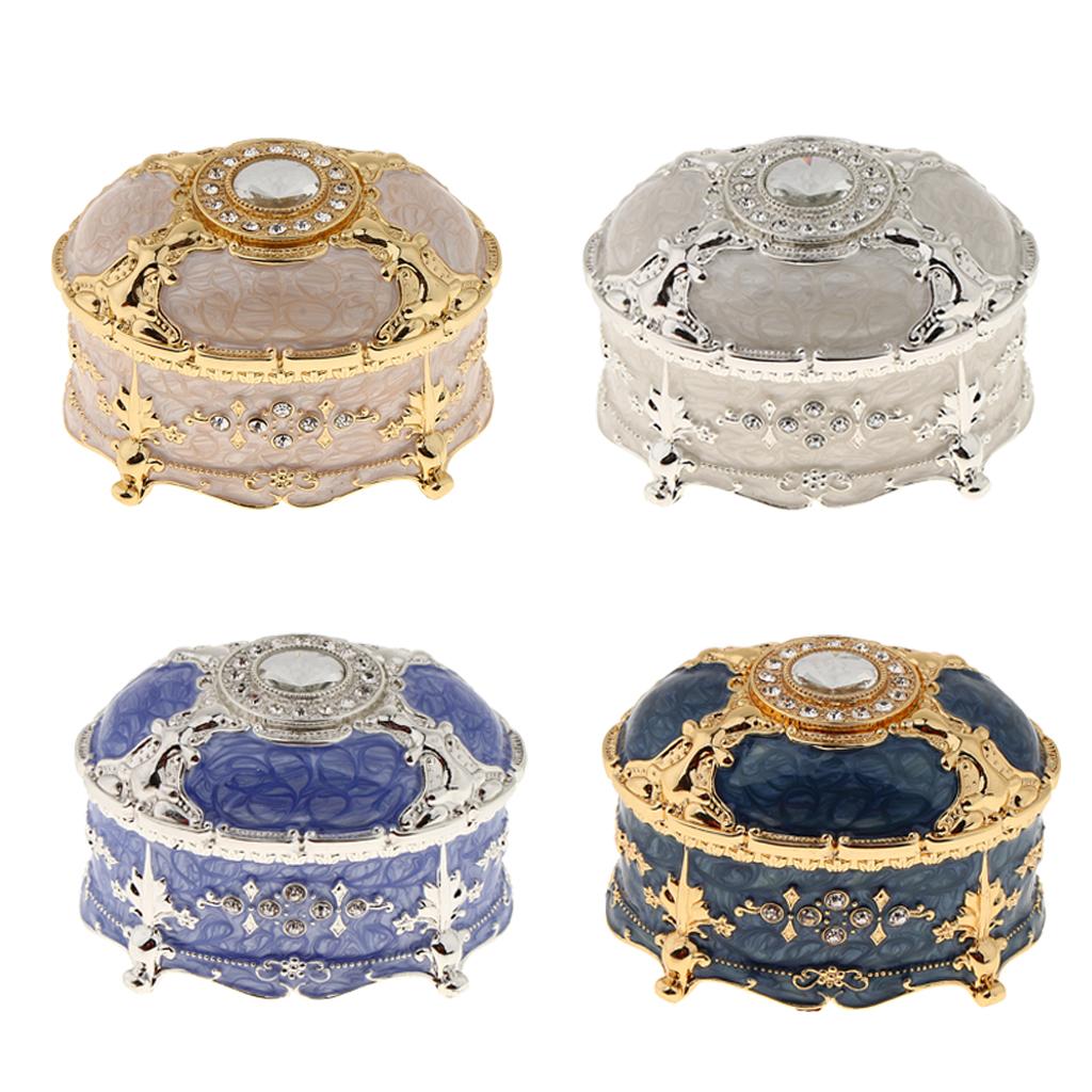 Retro Enamel  European Style Oval Trinket Chest Jewelry Box Organizer Gold