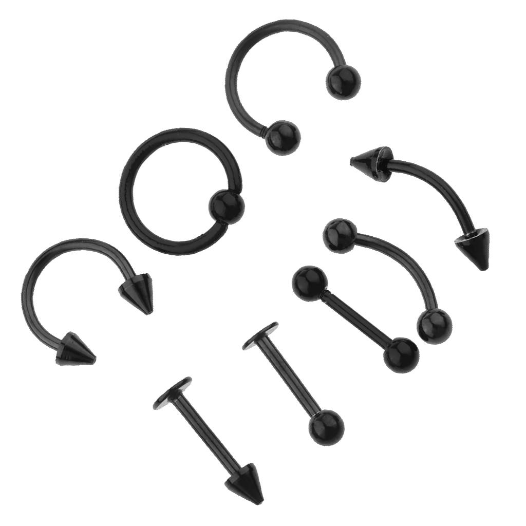8 Pieces Nose Lip Tongue Eyebrow Tragus Piercing Body Jewelry 16g Black