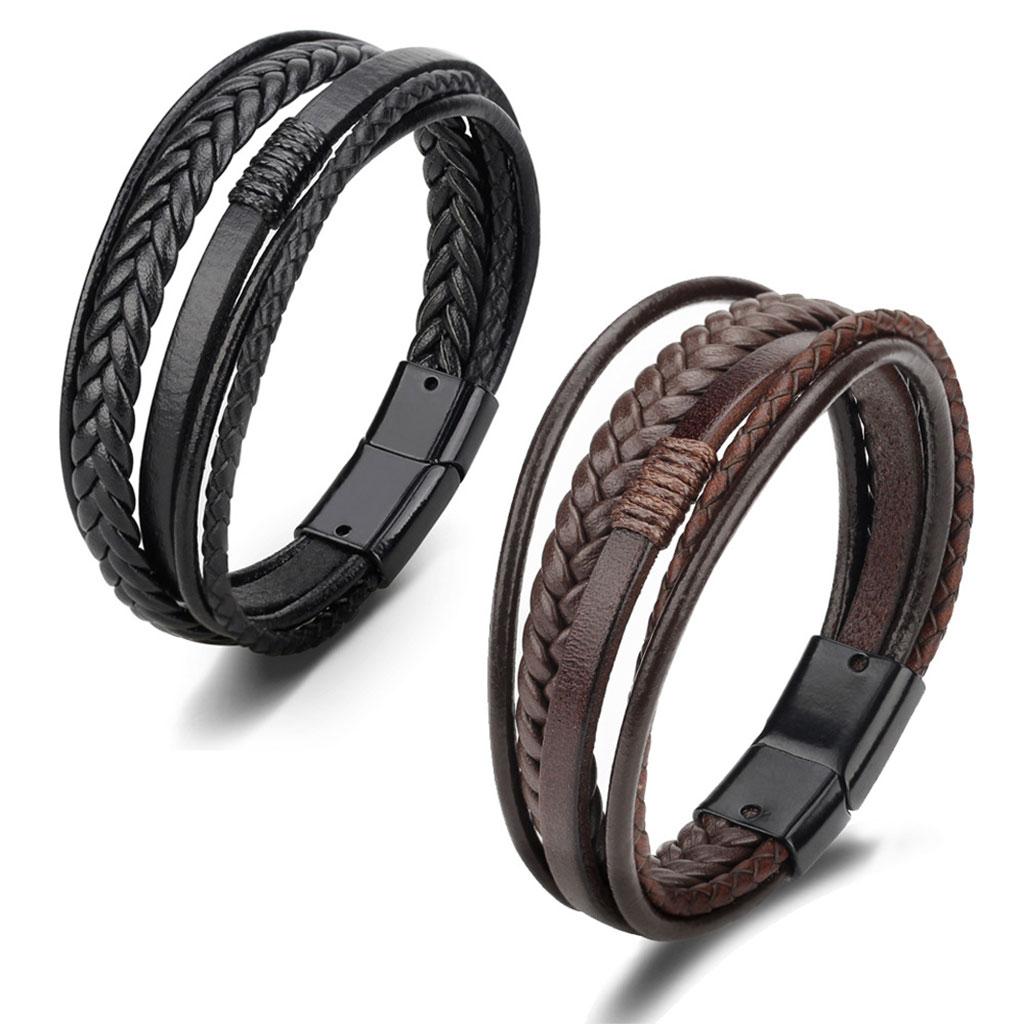 4xWoven Braided PU Leather Men Bracelet Bangle Wristband Black Black Metal