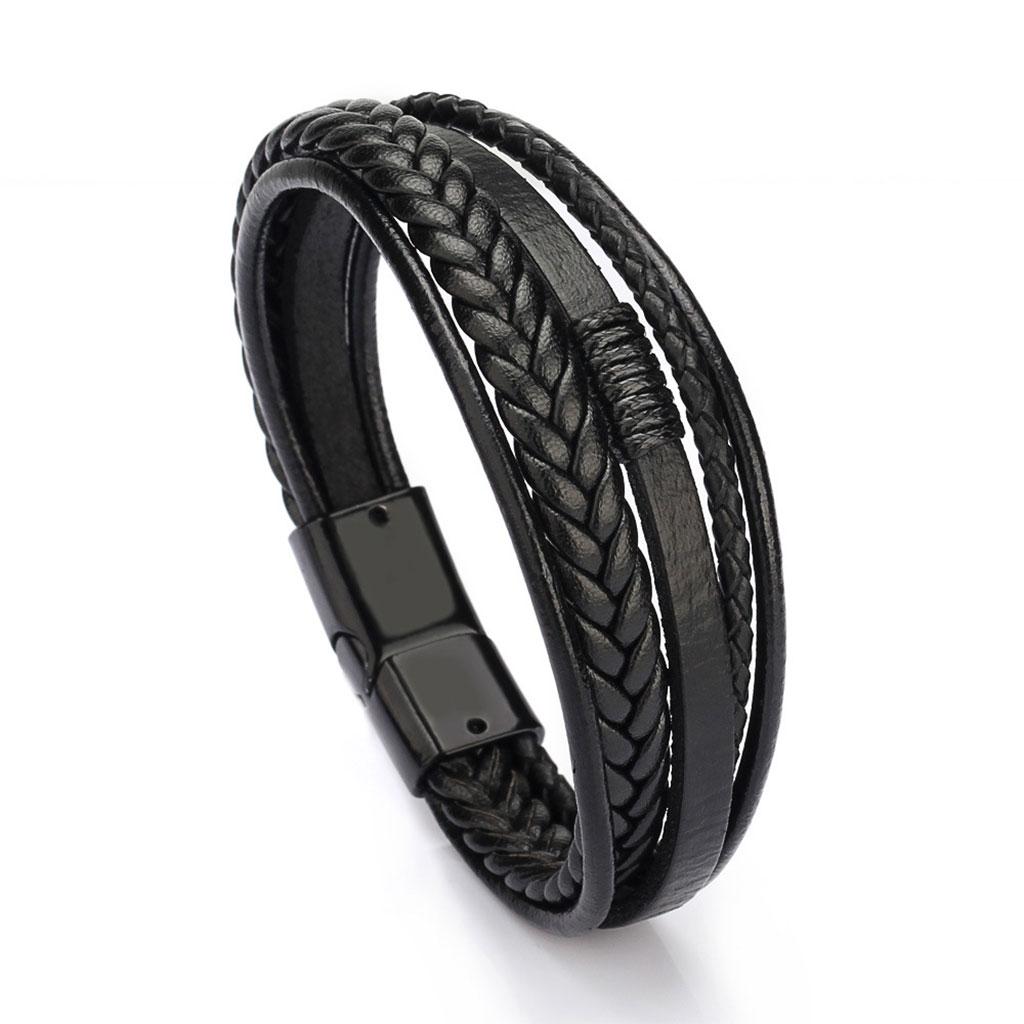 Woven Braided PU Leather Men Bracelet Bangle Wristband Black Black Metal