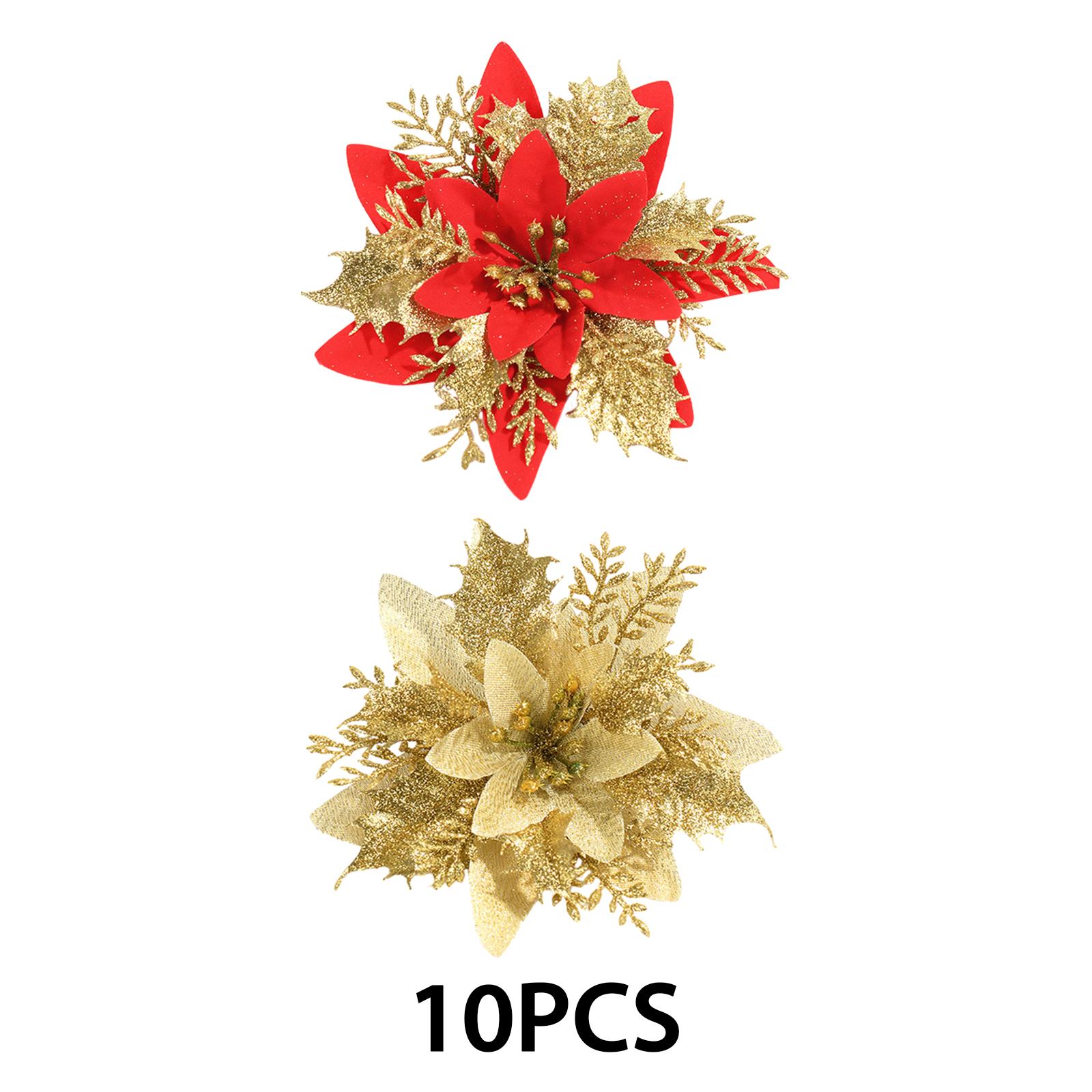 10x Artificial Poinsettia Wedding Party Fake Flower Glitter Poinsettia Red