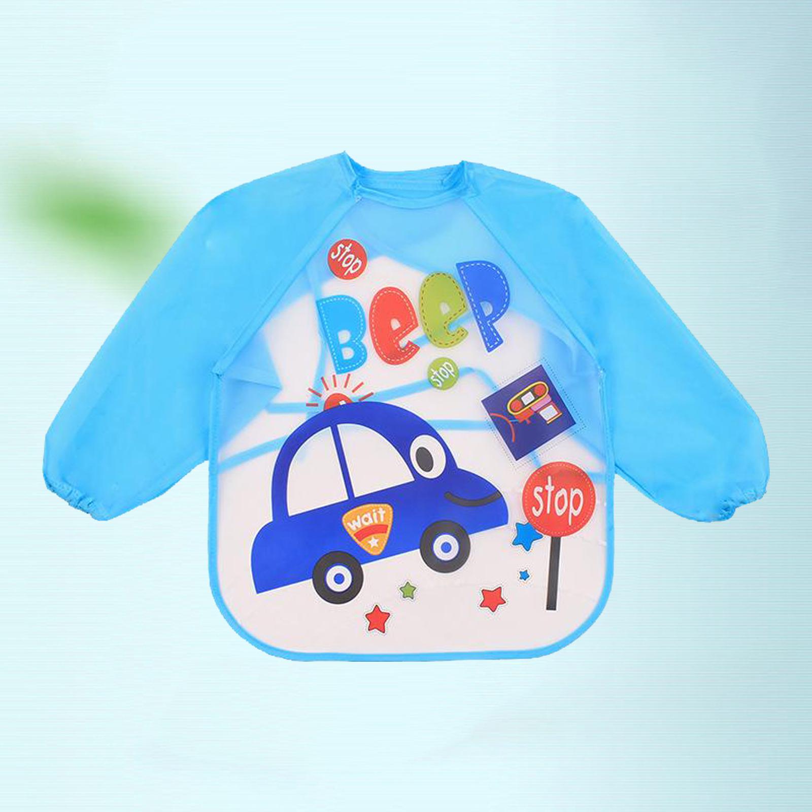 Kids Drawing Painting Apron Smock Craft Baby Bib Waterproof Blue Car